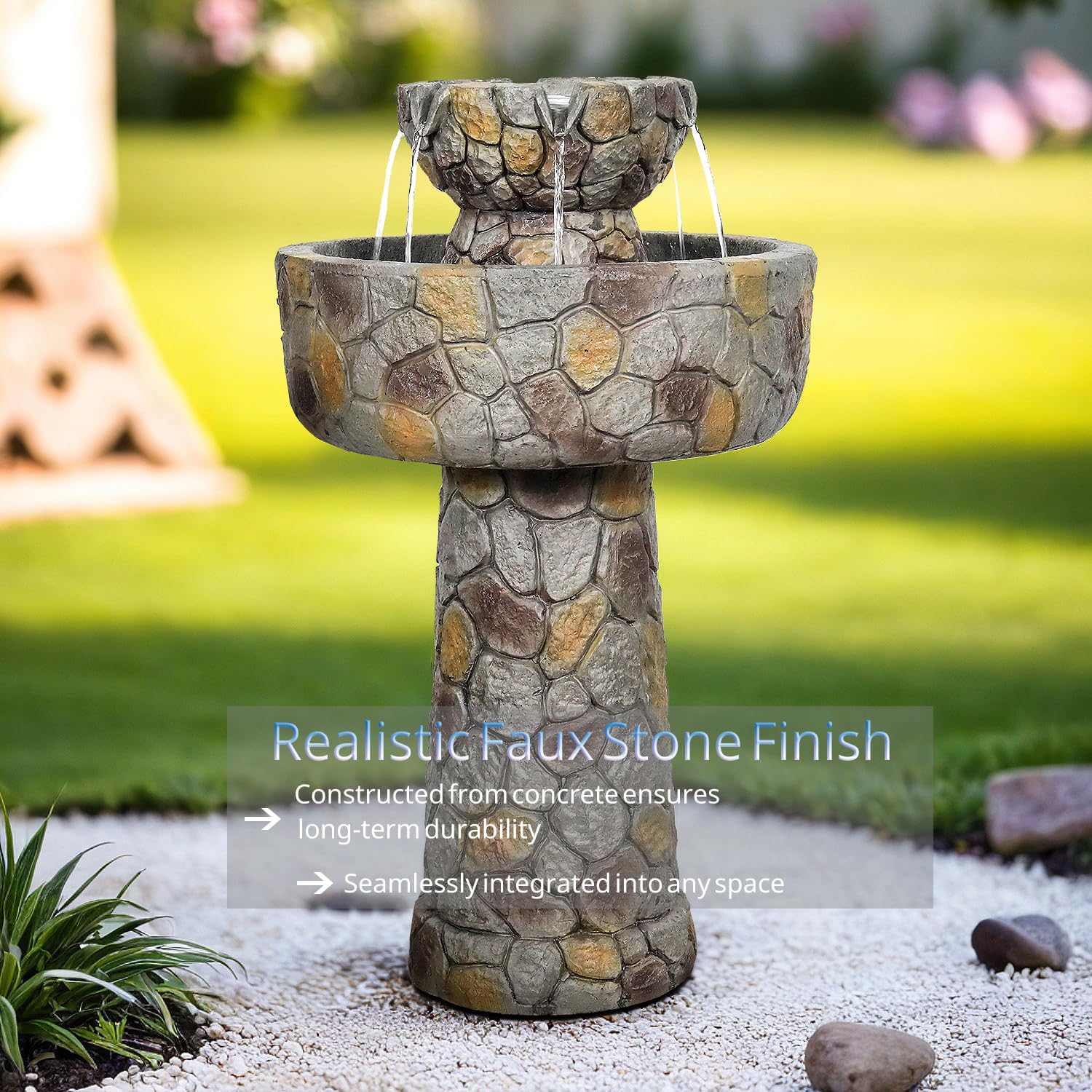 SunJet 25.7” High x 15.3” Diameter Concrete Bird Bath with Faux Stone Finish - Outdoor Water Fountain with Electric Pump - Birdbath for Garden, Patio, Yard, Lawn Décor