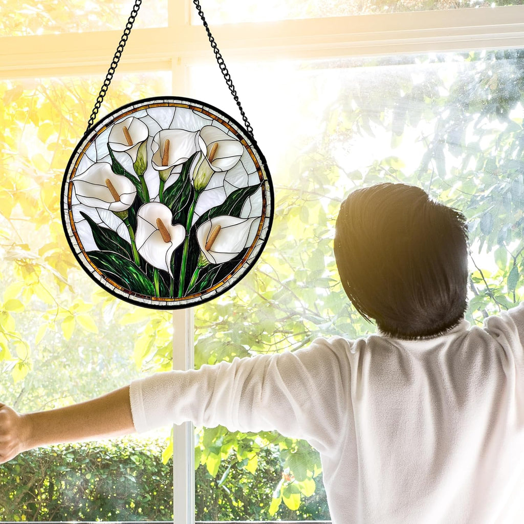 Stained Glass Window Hanging, White Calla Lily Flowers Sun Catchers Glass Panel Plant Suncatcher Decor for Birthday for Women, Men, Wife, Aunt, and Mom 9.8 in