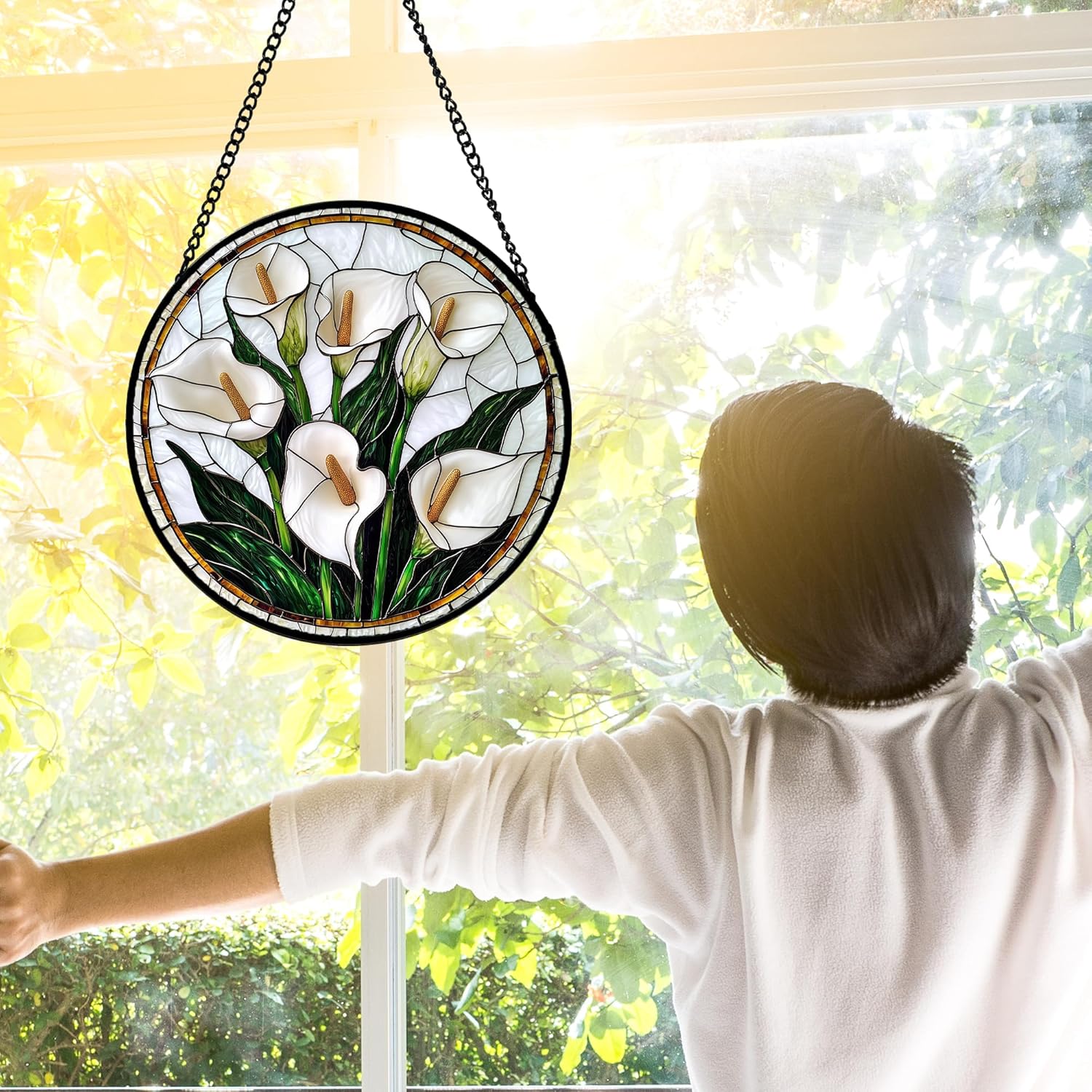 Stained Glass Window Hanging, White Calla Lily Flowers Sun Catchers Glass Panel Plant Suncatcher Decor for Birthday for Women, Men, Wife, Aunt, and Mom 9.8 in