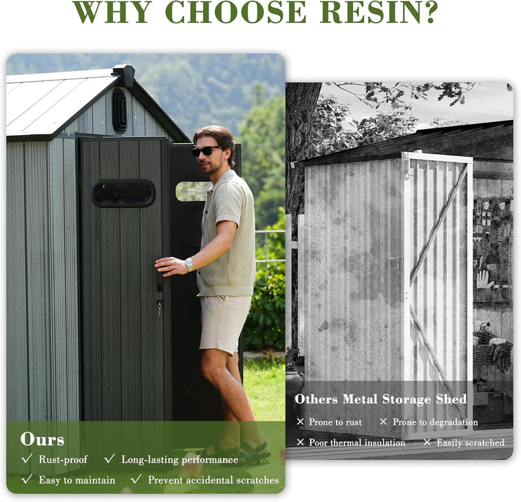 Domi 6x4FT Outdoor Resin Storage Shed with Transparent Windows & Louvered Vents, Plastic Tool Shed with Double Lockable Doors & Gable Roof, Outside Garden Shed for Backyard, Patio, Lawn, Grey