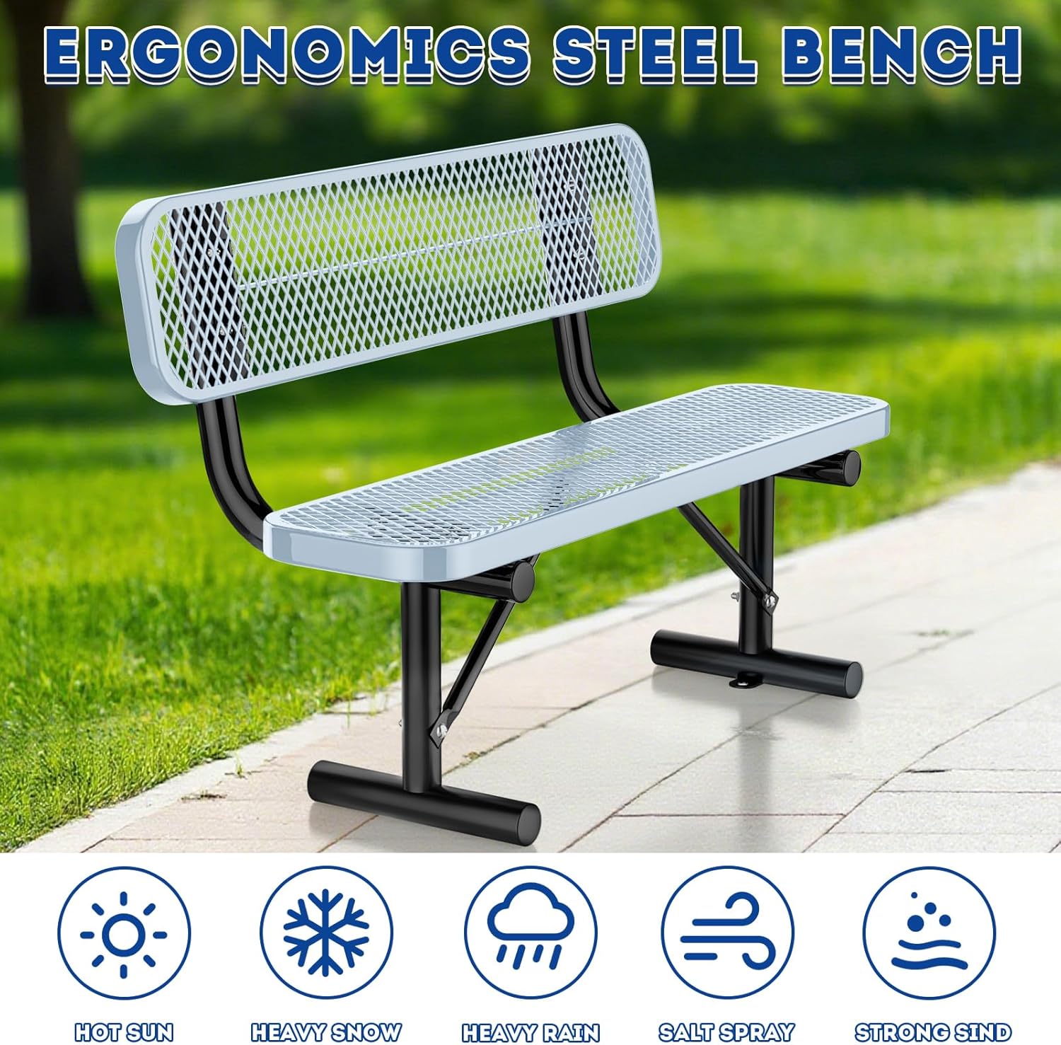 4 Feet Heavy Duty Park Bench with Back Portable Frame, Outdoor Steel Bench with Backrest, Expanded Metal Mesh Bench for Lawn, Park, Deck, Garden, Patio, Porch, Grey