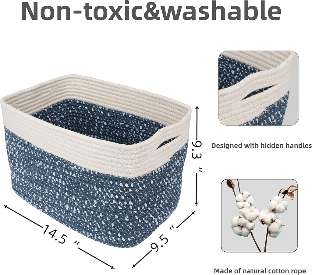 White and Blue Cotton Rope storage Basket Bins Woven Basket for Organizing Shelves 14.5X9.5X9.3“ Rectangle Decorative Baskets For storage Books Towels Wicker Nursery basket organizer Set of 3