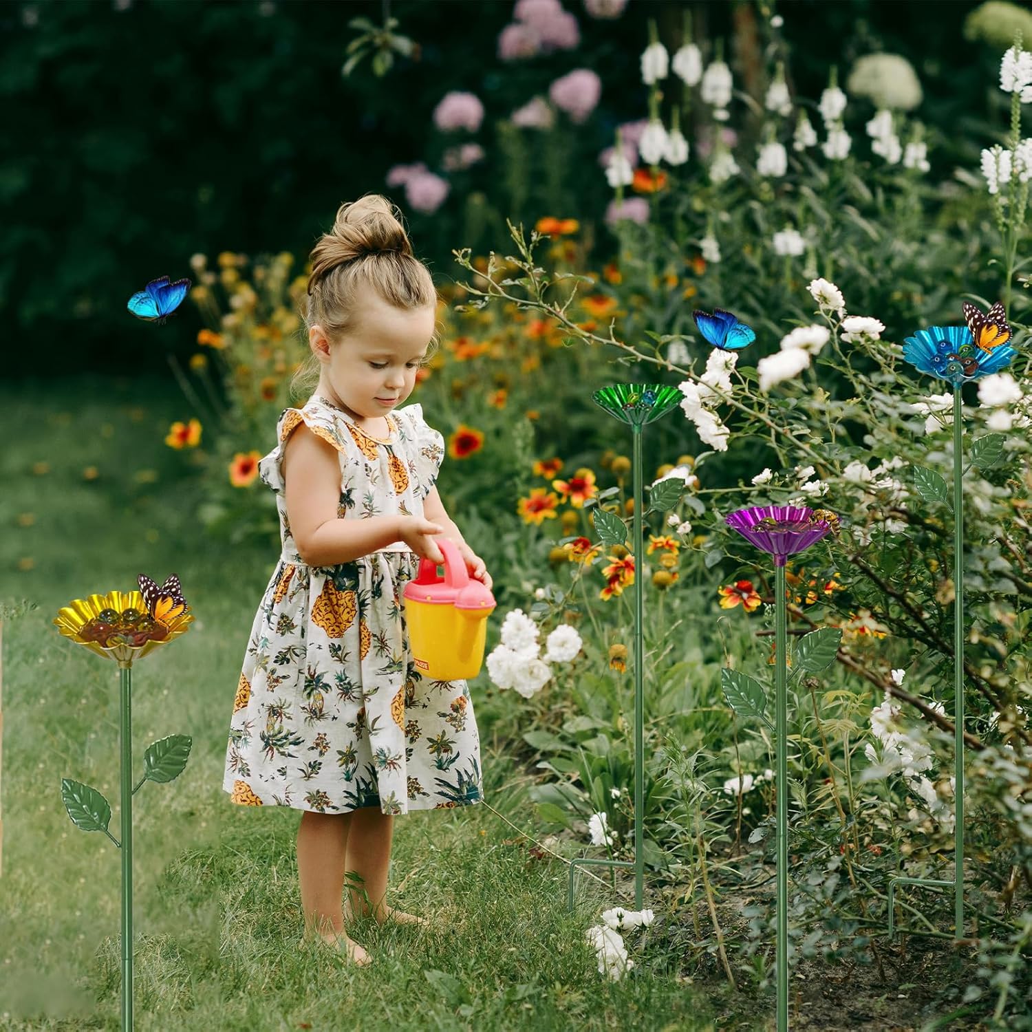 Bee Watering Station for Garden with 20 Marbles,Butterfly Watering Station for Outdoor Decor in Flower Design,Water Feeder to Attract Pollinators(Red,Green,Blue,Yellow)