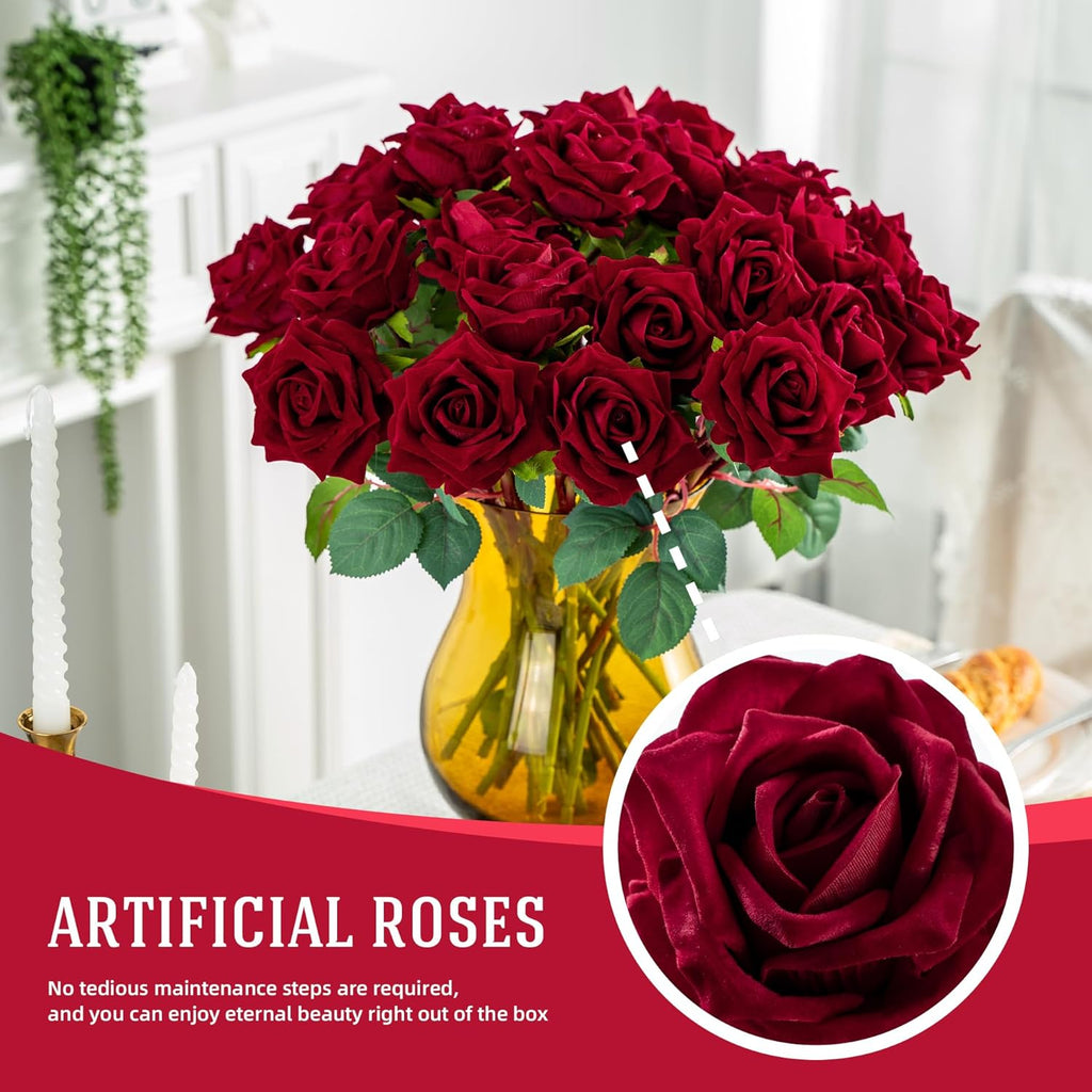 Fake Roses Faux Flowers Silk Roses Artificial Roses with Stems Realistic Artificial Flowers Suitable for Indoor Home Decoration DIY Bouquet Wedding Decor Party Decor 16.5In (24PCS, Red)