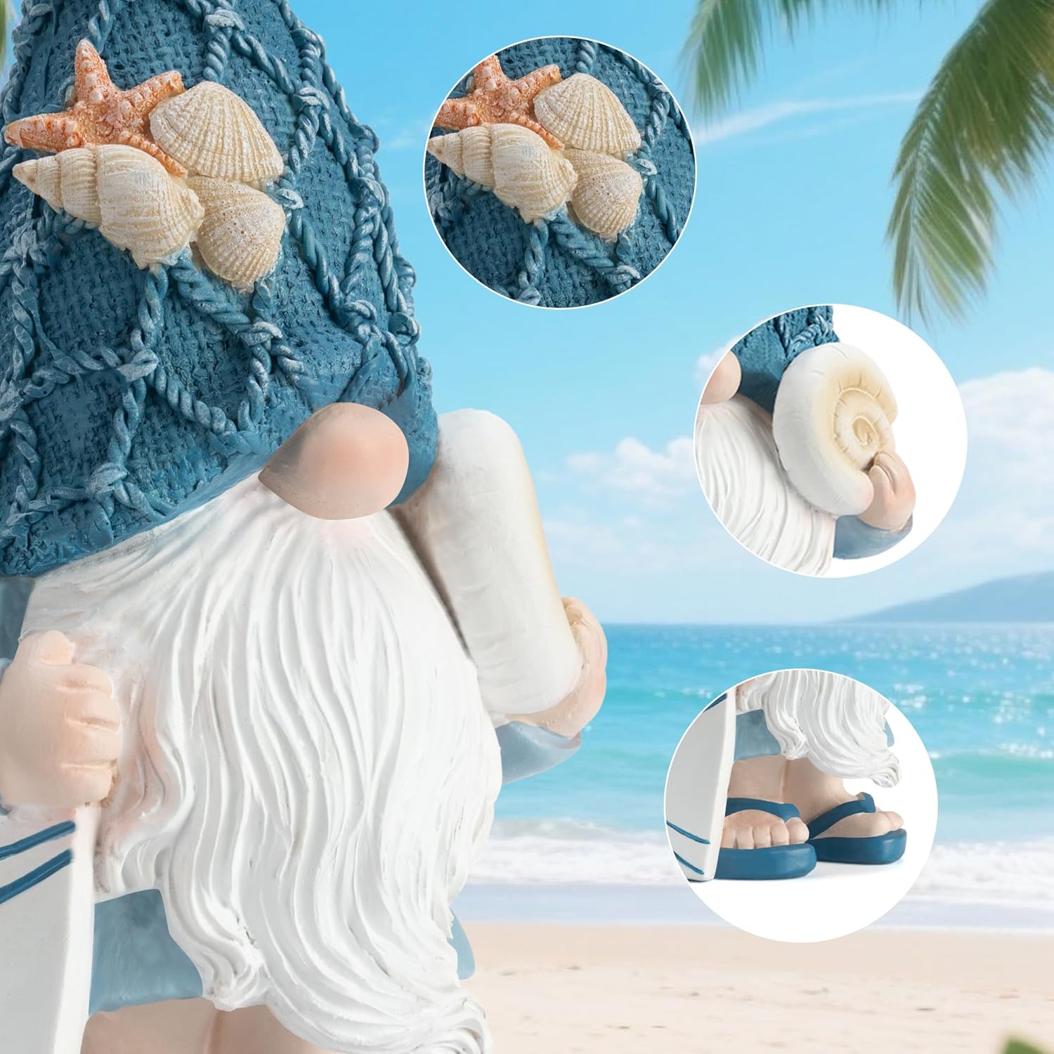 Garden Sea Gnome Statue Decoration Indoor Outdoor Resin Beach Gnome Sculpture for Home Office Desktop Bathroom, Summer Pool Decoration Outdoor Gifts (Surfboard)