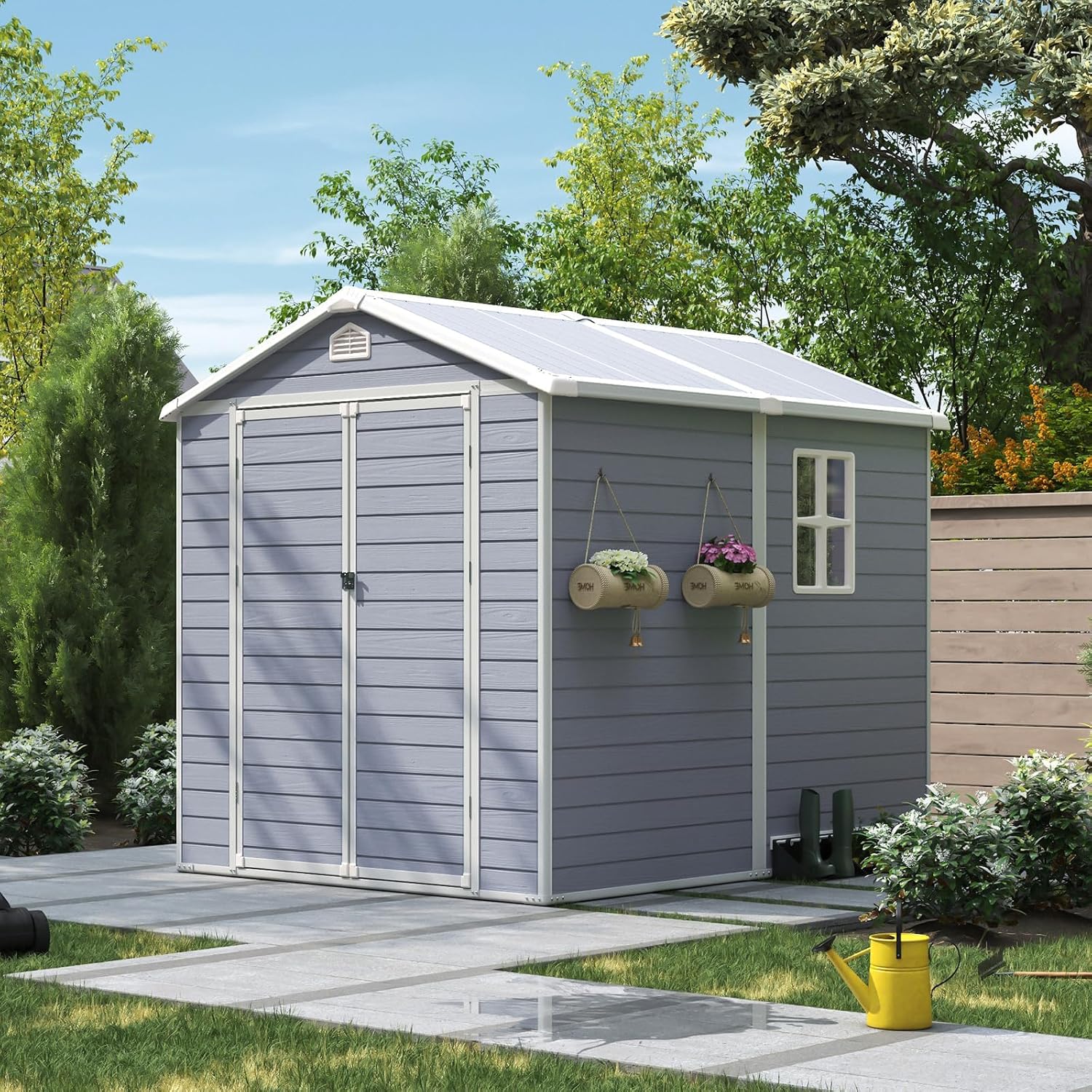 Aoxun 6X8 FT Resin Outdoor Storage Shed with Floor, Plastic Garden Shed with Lockable Door and Window, Tools House to Store Patio Furniture, Bike Accessories, Garbage Can and Lawn Mower - Grey