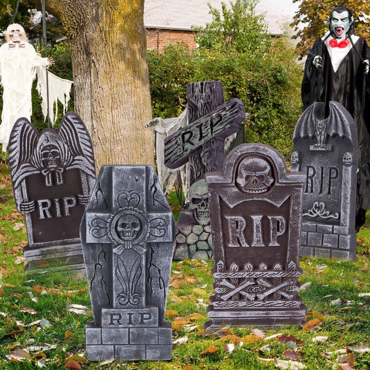 17” Halloween Foam RIP Graveyard Tombstones, 5 Pack Tombstone with 10 Metal Stakes for Halloween Decorations