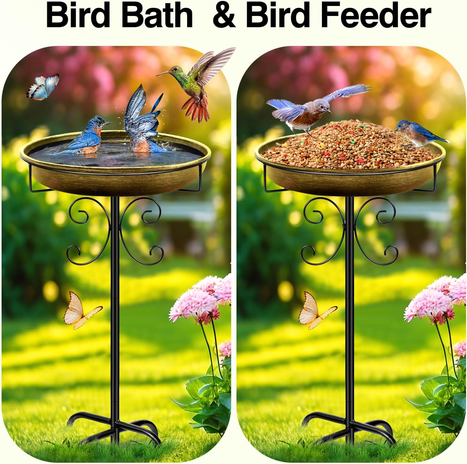 Daoeny 35In Metal Bird Bath for Outside, Vintage Bird Bath Bowl, Detachable Birdbath & Birdfeeder with 5 Prongs Base Stake, Bird Baths for Outdoors Garden Yard Lawn Decor (Antique Golden)