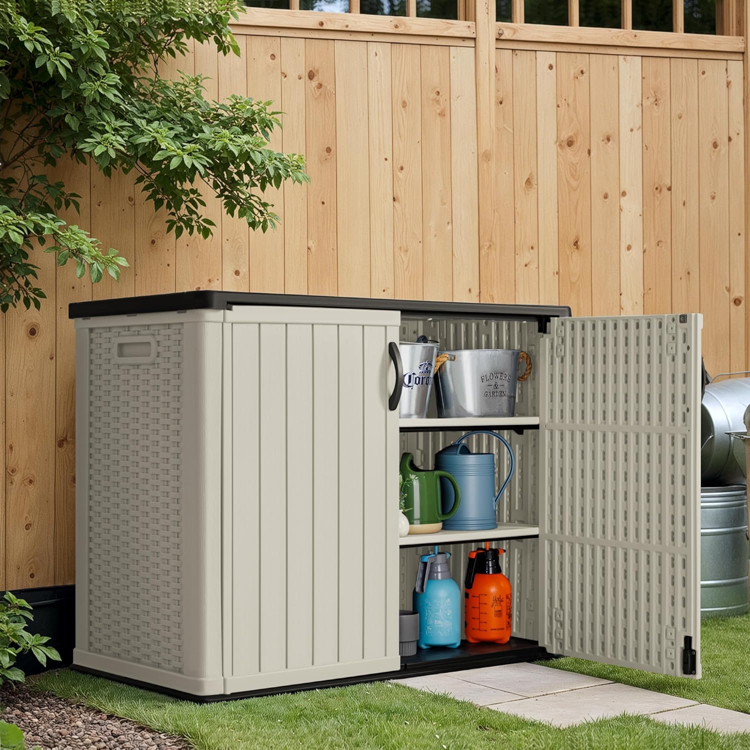 Greesum Shelf of Outdoor Horizontal 27 ft Storage Sheds, for Waterproof and UV Protection 150 Gallon Deck Box, 2 Shelves (Without Shed), Beige