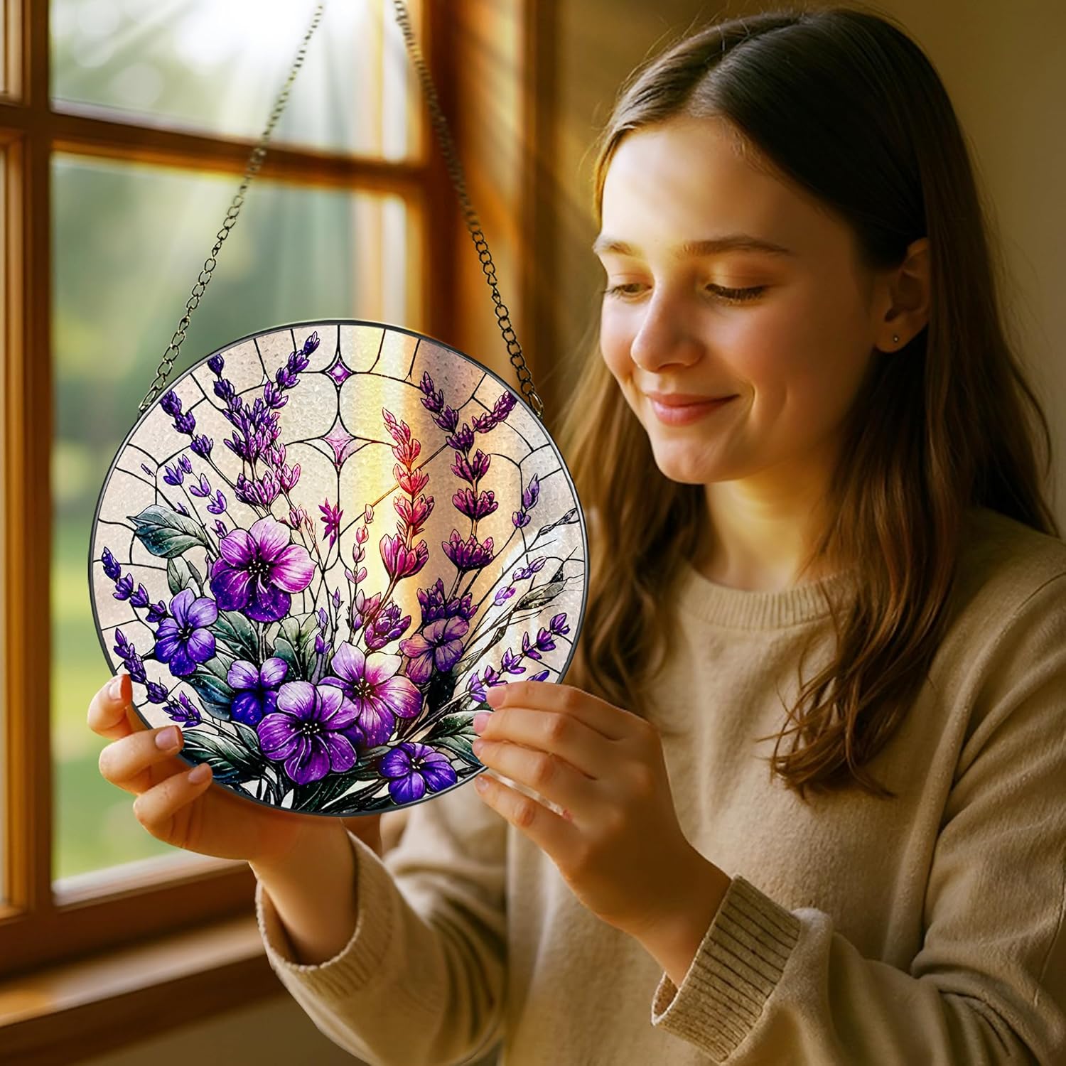 Bauhinia&Violets Flower Stained Glass Suncatcher, Stained Glass Window Hanging, 8 Inch Window Hanging Decor, Christmas, Mother's Day, Birthday Gifts for Mom, Grandma, Women, Wife, Lovers