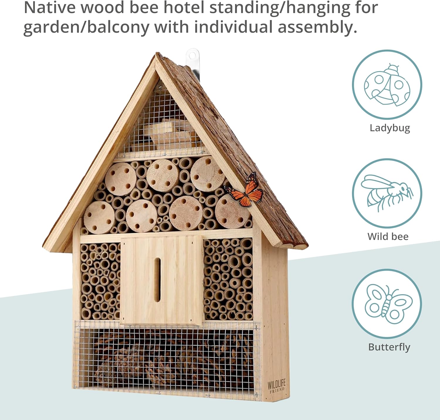 I Large Insect Hotel with bark roof Natural, Weatherproof, Insect House Made of Natural Wood for Bees, Ladybugs, lacewings, Butterflies, bee Hotel, Nesting aid for Hanging
