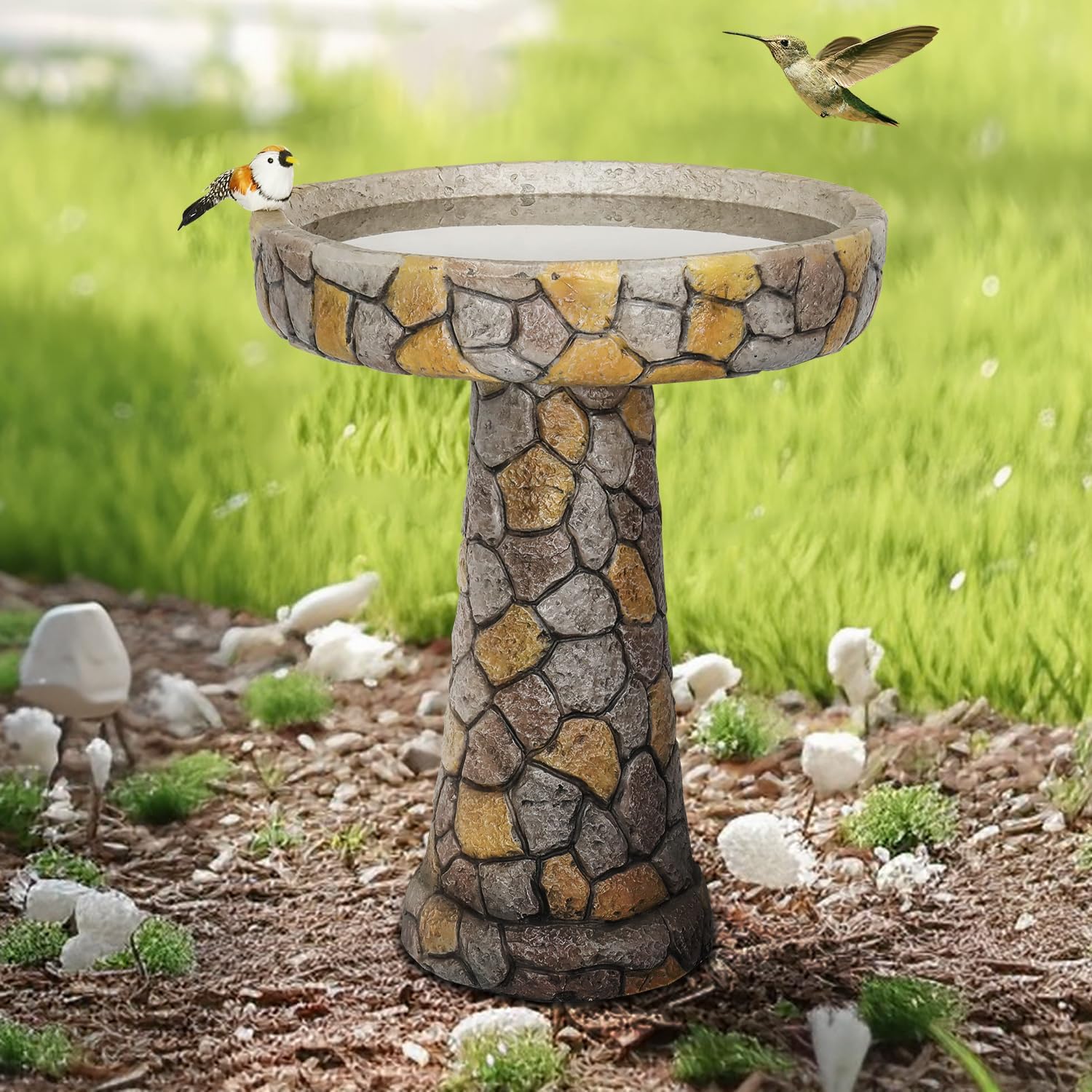 SKYFIRE Stone Like Outdoor Bird Bath - Concrete Freestanding Patio Birdbath with Pedestal for Garden, Patio, Yard, Lawn - 18.8”L X 18.8”W X 24”H Rustic Faux Stone Pedestal Outdoor Garden Birdbaths