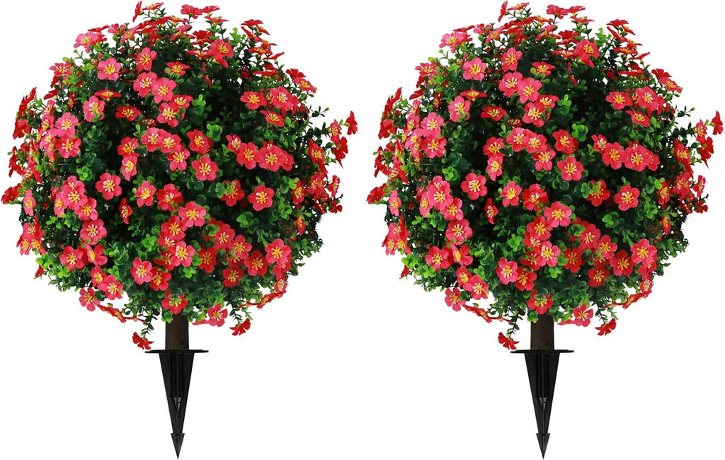 Sunnyglade Set of 2 Artificial Boxwood Topiary Ball Trees with Red Flower, Faux Shrub Bushes with Ground Spike 25.5", UV Resistant Fake Boxwood Plants for Indoor, Garden, Porch, Patio Decor (Red)