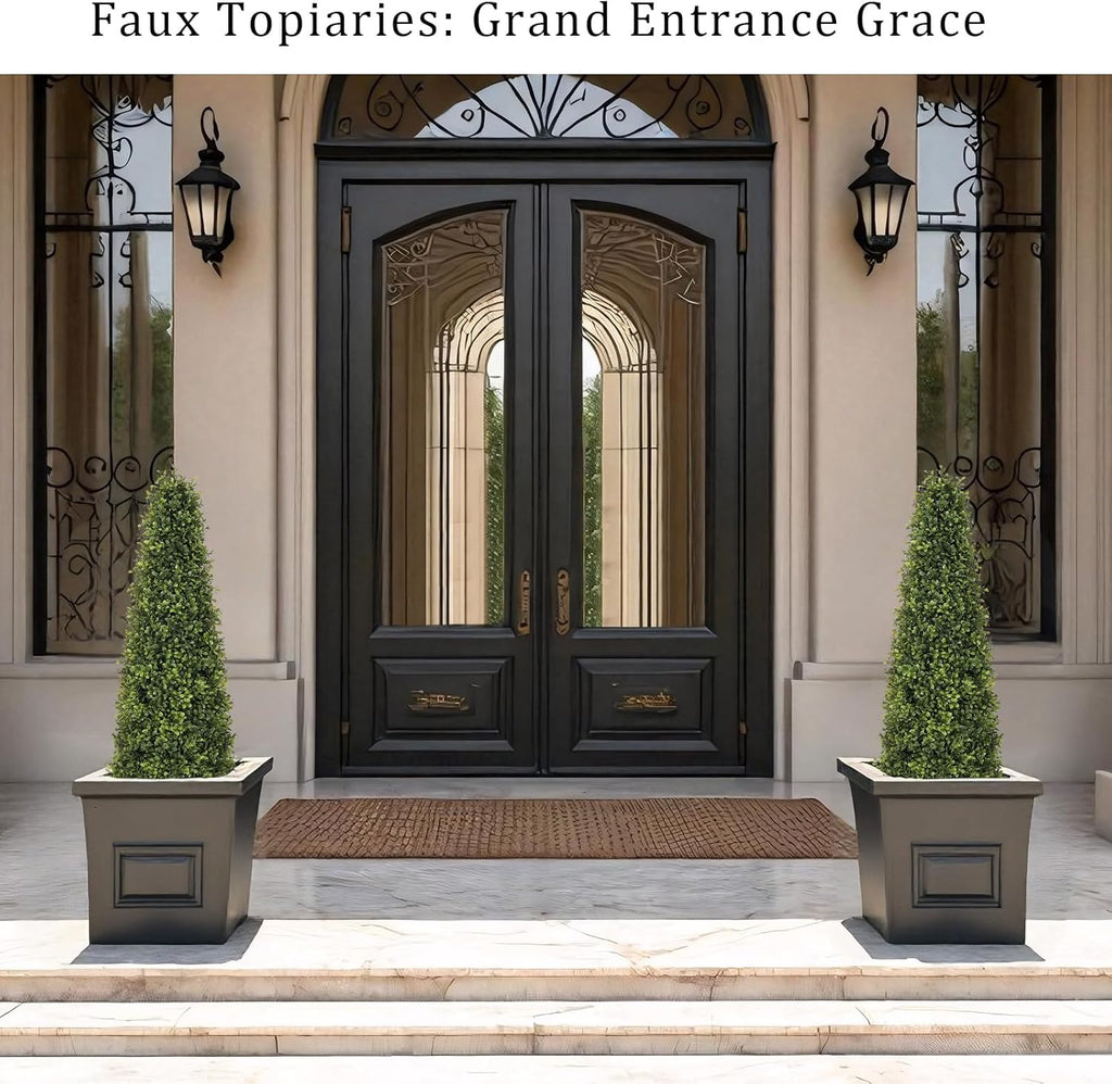 4ft Artificial Boxwood Topiary Trees (Set of 2) - UV Resistant Faux Plants Outdoor, Realistic 48in Fake Potted Bushes and Shrubs for Front Porch, Planter, Patio - Low Maintenance & Evergreen