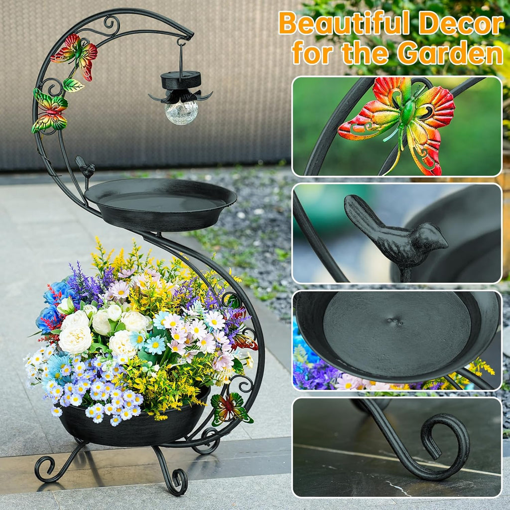 Bird Bath for Outside with Solar Lamp, 36" Birdbaths for Outdoors with Planter Flower Pot, Metal Bird Bath Bowl for Garden Yard Decor (All Black)