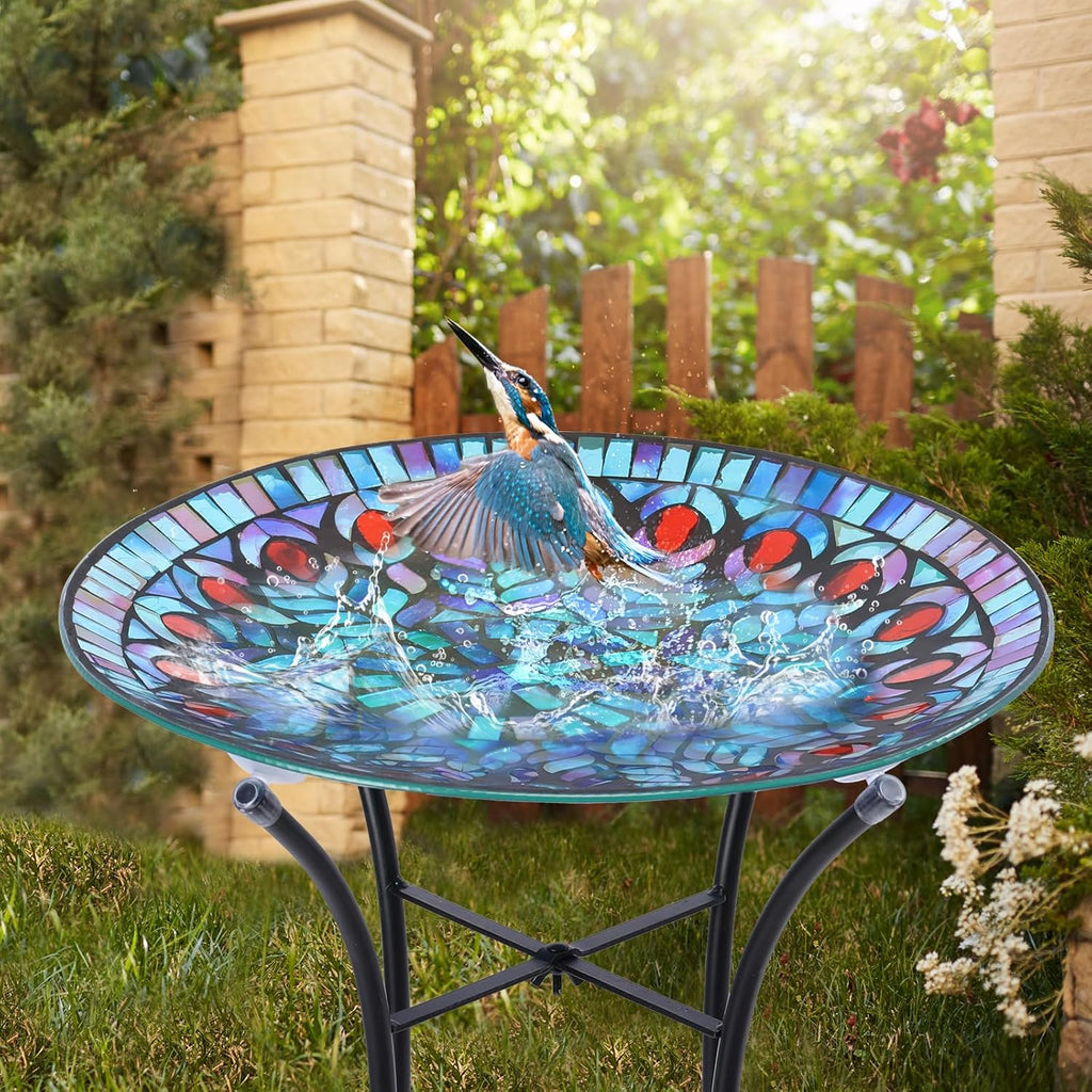 VCUTEKA Mosaic Bird Bath, Glass Birdbath Detachable with Metal Standing for Outdoor Patio Garden Backyard Décor