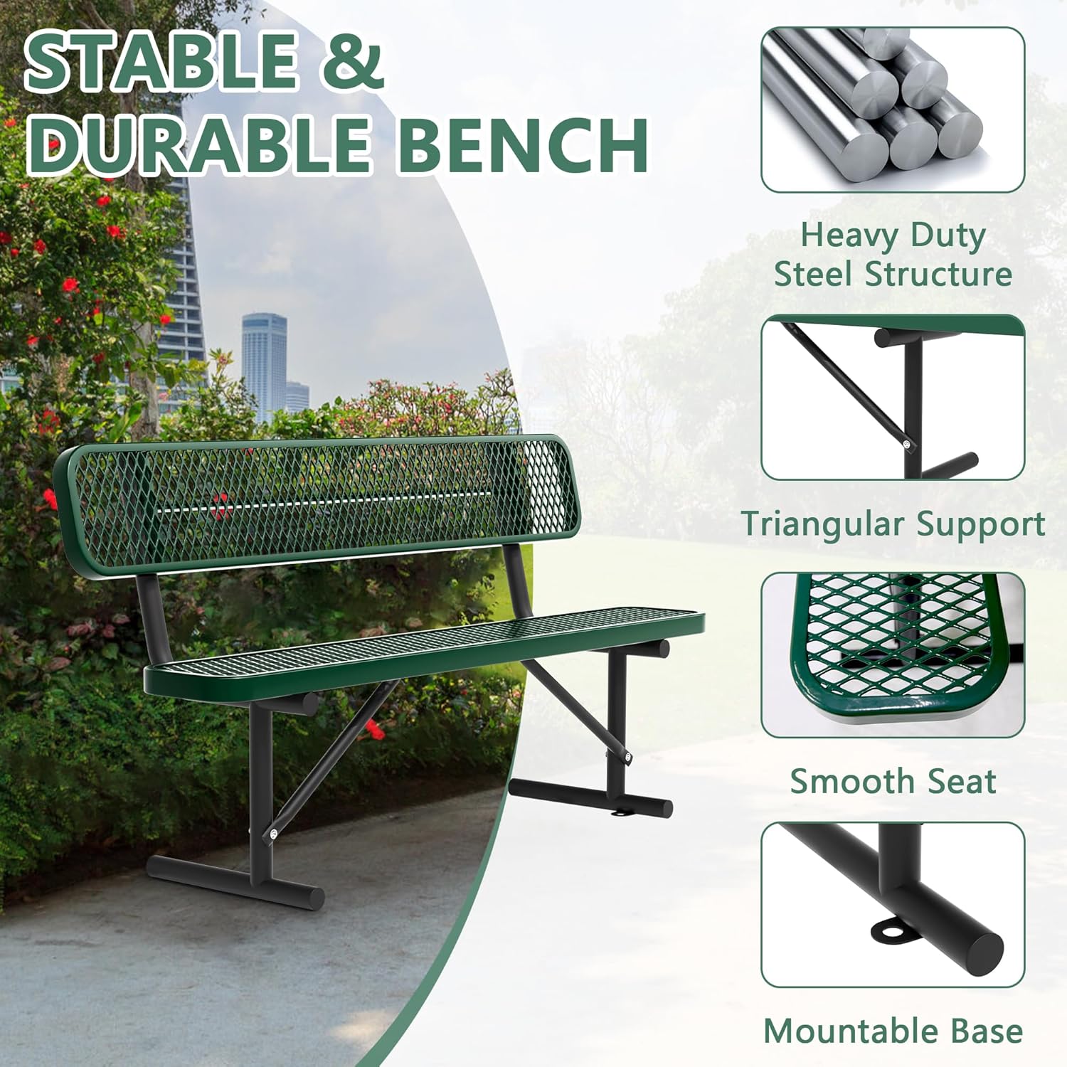 6FT Benches for Outside, Heavy-Duty Green Outdoor Garden Bench with Back, Metal Park Bench, Commercial-Grade Seating,Industrial Bench Patio Bench Furniture for Beach Yard School Shopping Centers