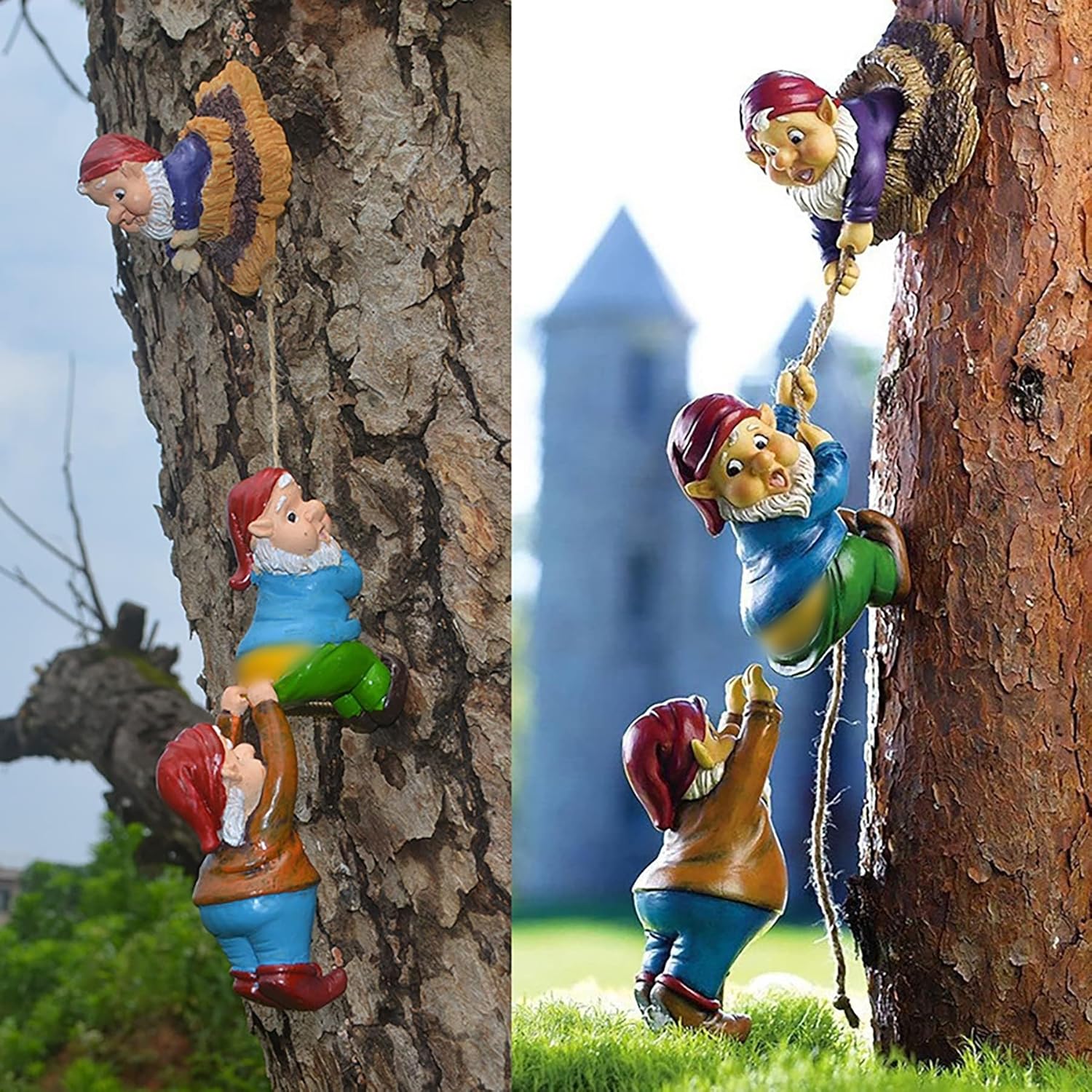 Outdoor Garden Gnome Climbing Rope Statue,Garden Gnomes Statue, Resin Garden Tree Hugger Outdoor Decor Accessories, Miniature Figurines Micro Garden Gnome Landscape Figurine for Lawn Balcony Patio