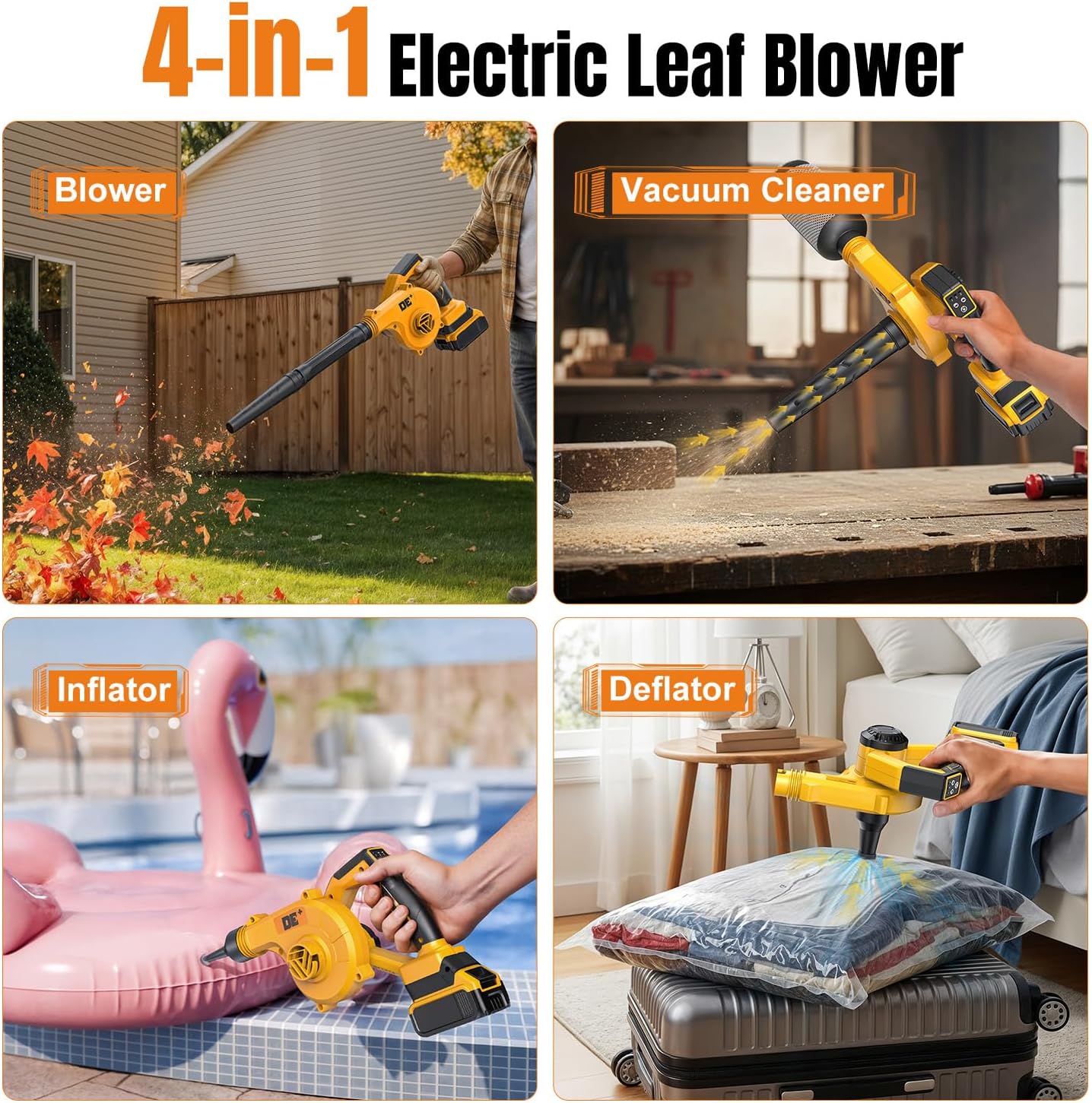 DeForce Electric Leaf Blower Cordless for Dewalt 20v Max Battery, 4 in 1 Blower, 3 Speed Modes, 190 MPH, Battery Powered Leaf Blower w/Extended Tube for Leaves, Lawn Care, Patio, Dust(Bare Tool Only)