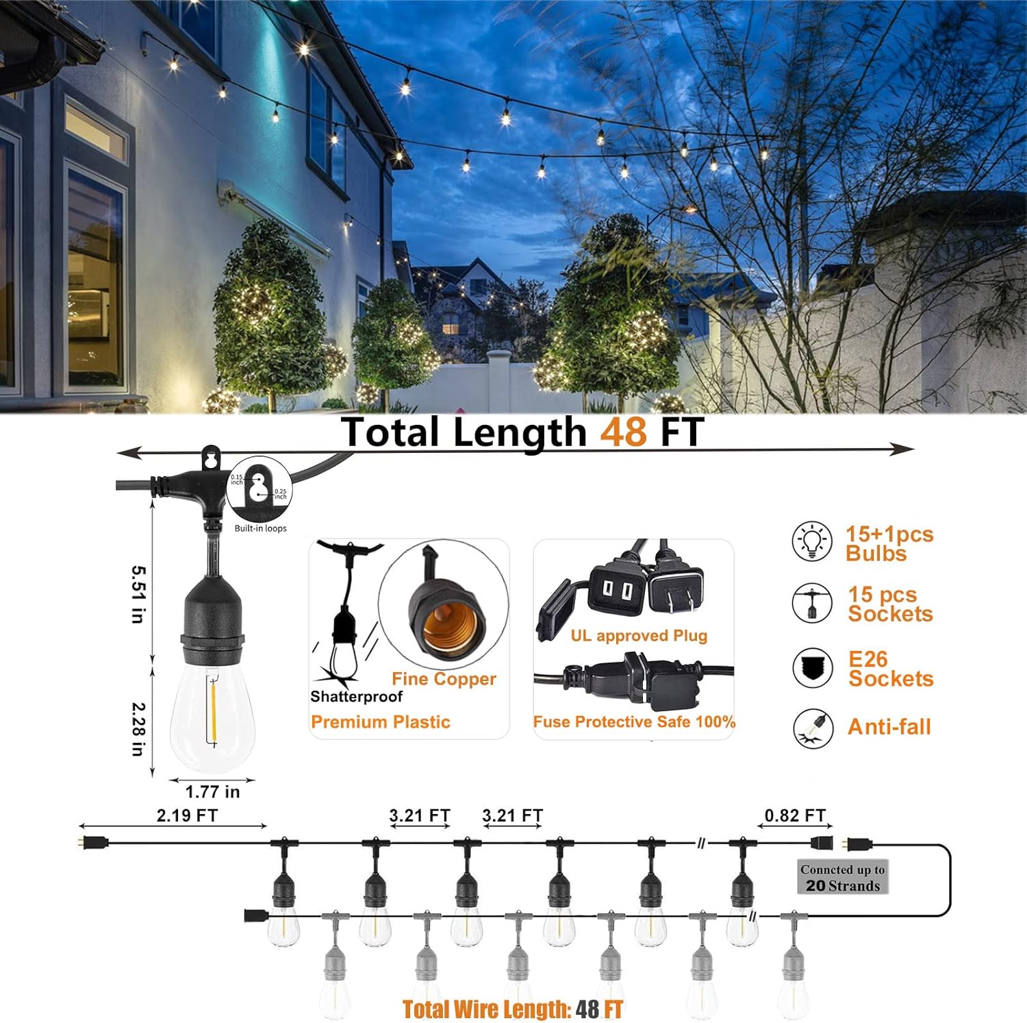 Achin Outdoor String Lights 48FT Dimmable Warm 2200K LED Patio Lights Outdoor Waterproof with 16 Plastic Bulbs Shatterproof String Lights for Outside Deck Gazebo Bistro Lights