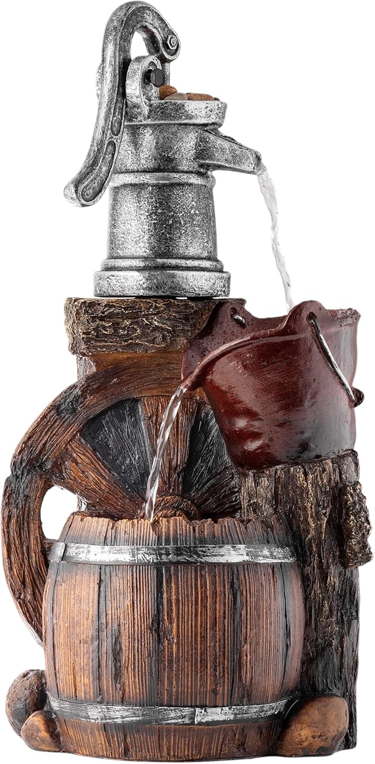 Alpine Corporation WCT688 Outdoor Floor Tiered Rustic Barrel and Pump Water Fountain, Old-Fashioned Waterfall , 24", Brown
