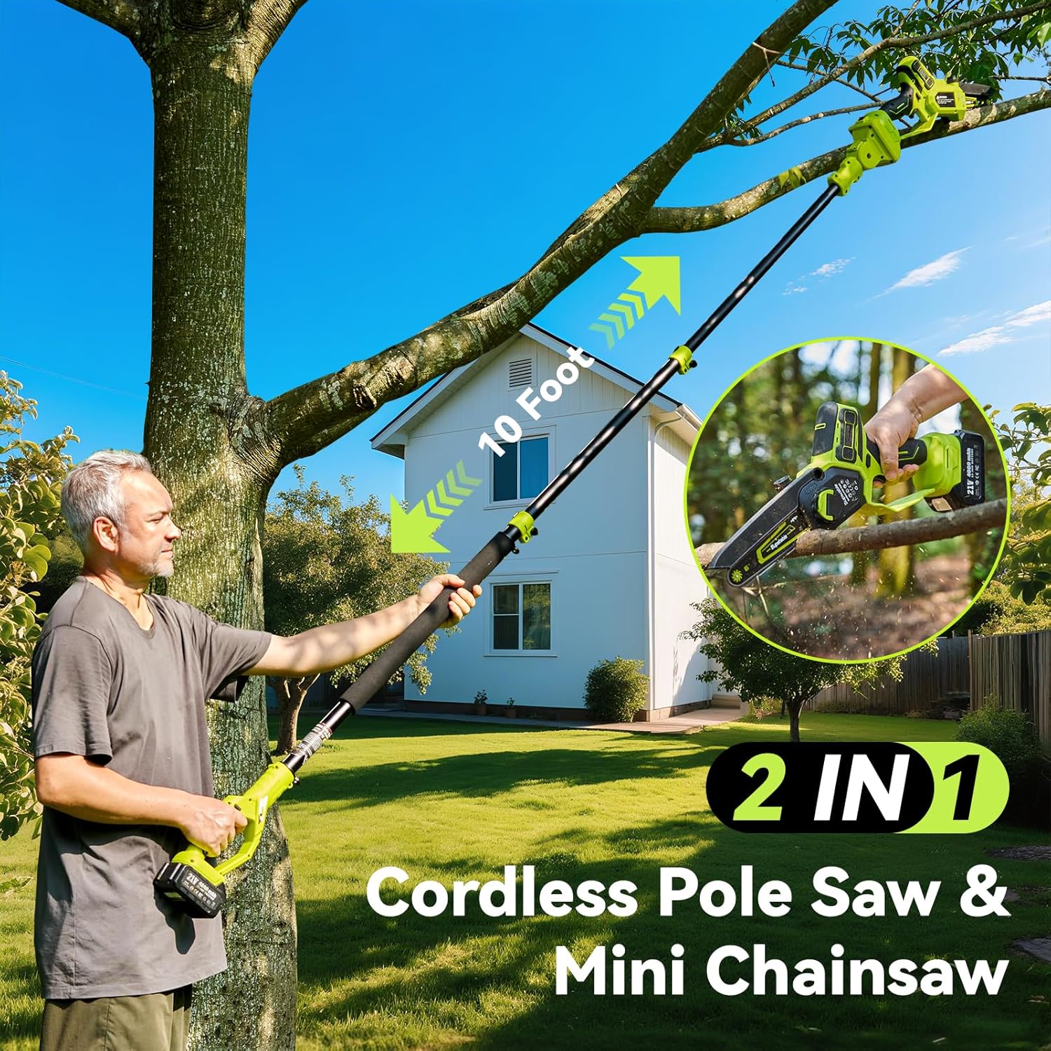 Cordless Pole Saws for Tree Trimming, 8" & 6" Mini Chainsaw Battery Powered with Extended Pole and 2x4.0Ah Batteries, 16 Feet Electric Pole Chainsaw, Tree Trimmer Limb Branch Cutter Pruner