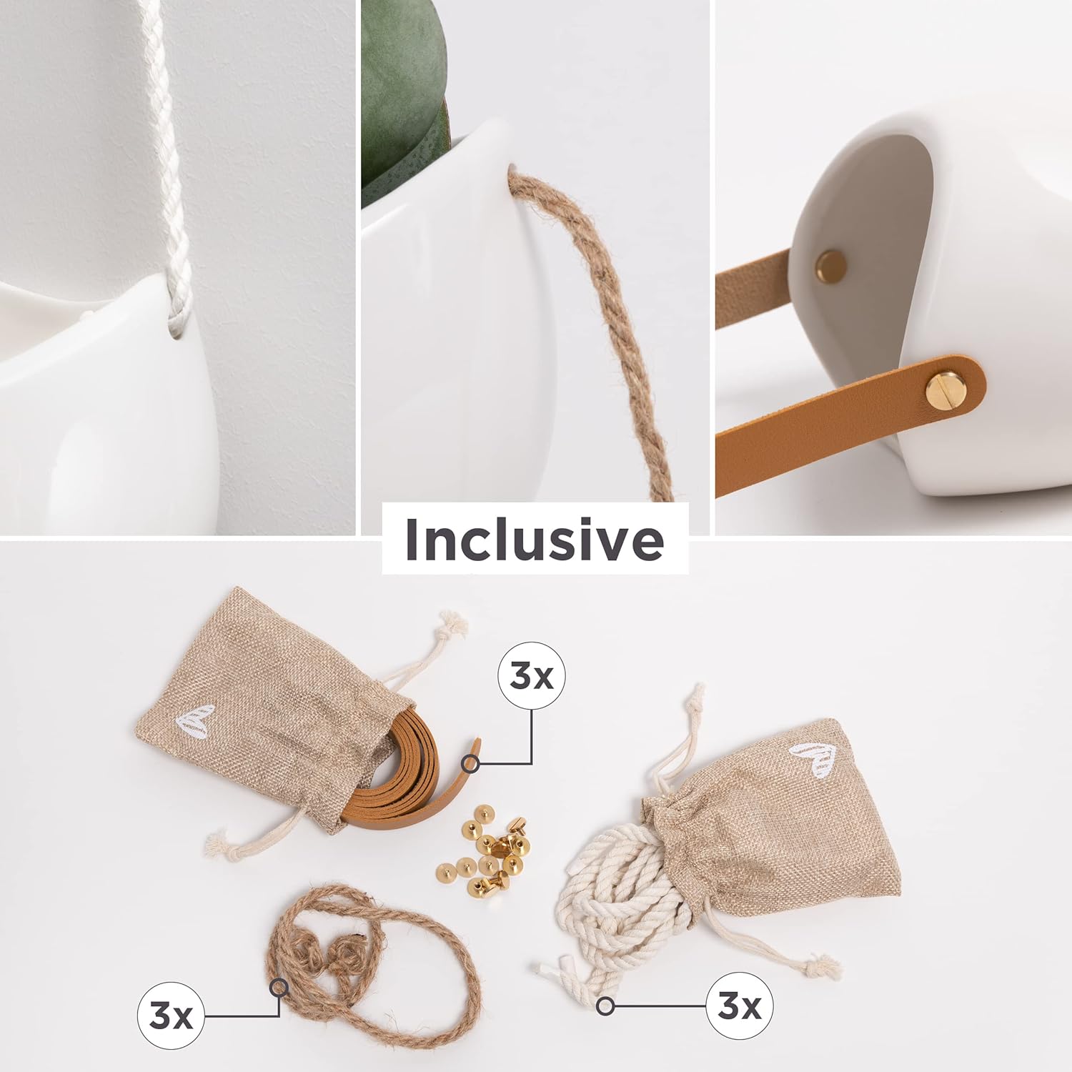 Kazai. Wall Planters -Ellie- | Hanging Ceramic Plant Pots 3 Pieces | Wall Decoration for Indoors, Balcony and Garden | White (Glossy)