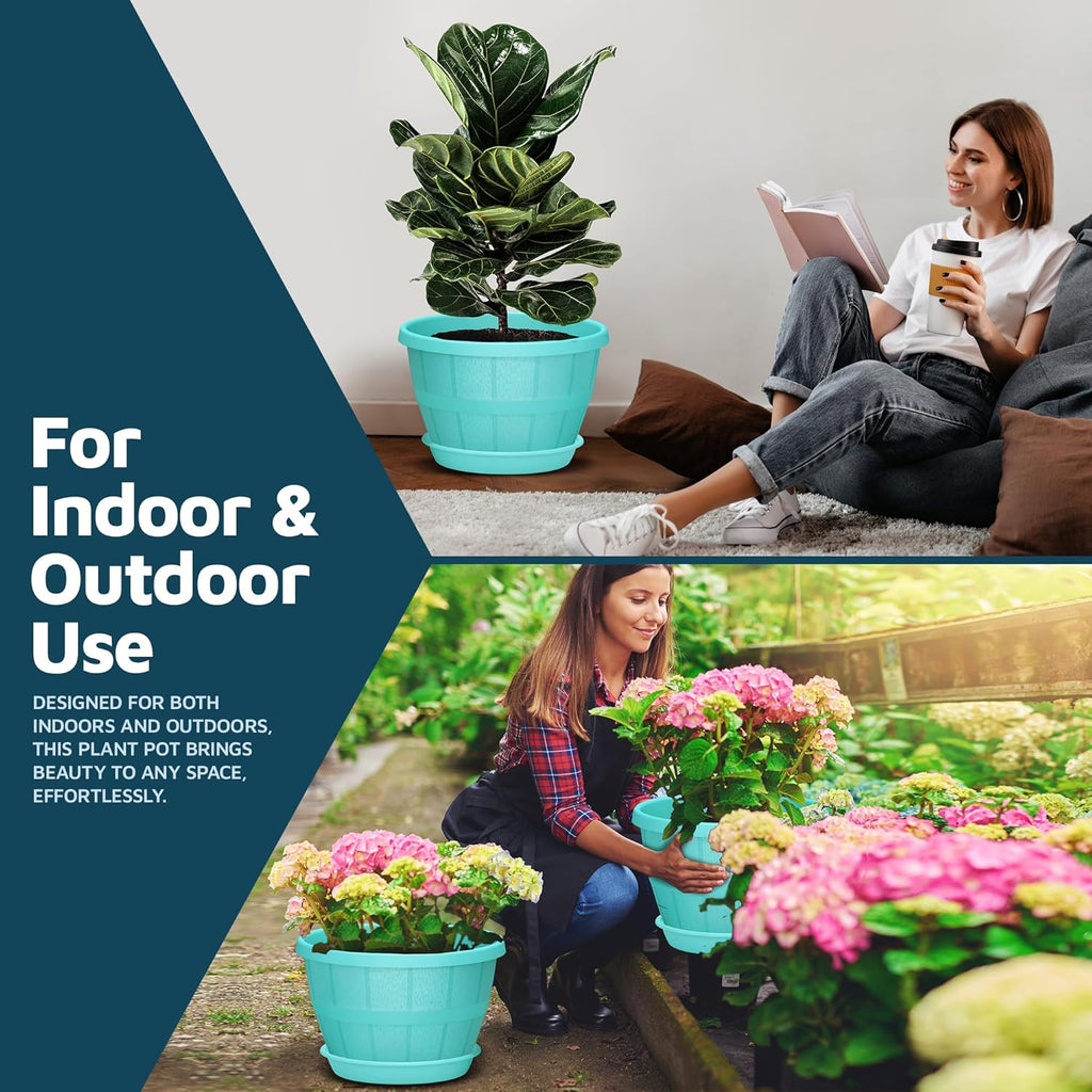 10-Inch Whiskey Barrel Planters Outdoor Pack of 5 - Durable Plastic Plant Pots for Indoor & Outdoor Use with Drainage & Saucer, Lightweight Rustic Barrel Planters for Flowers, Herbs & Small Plants