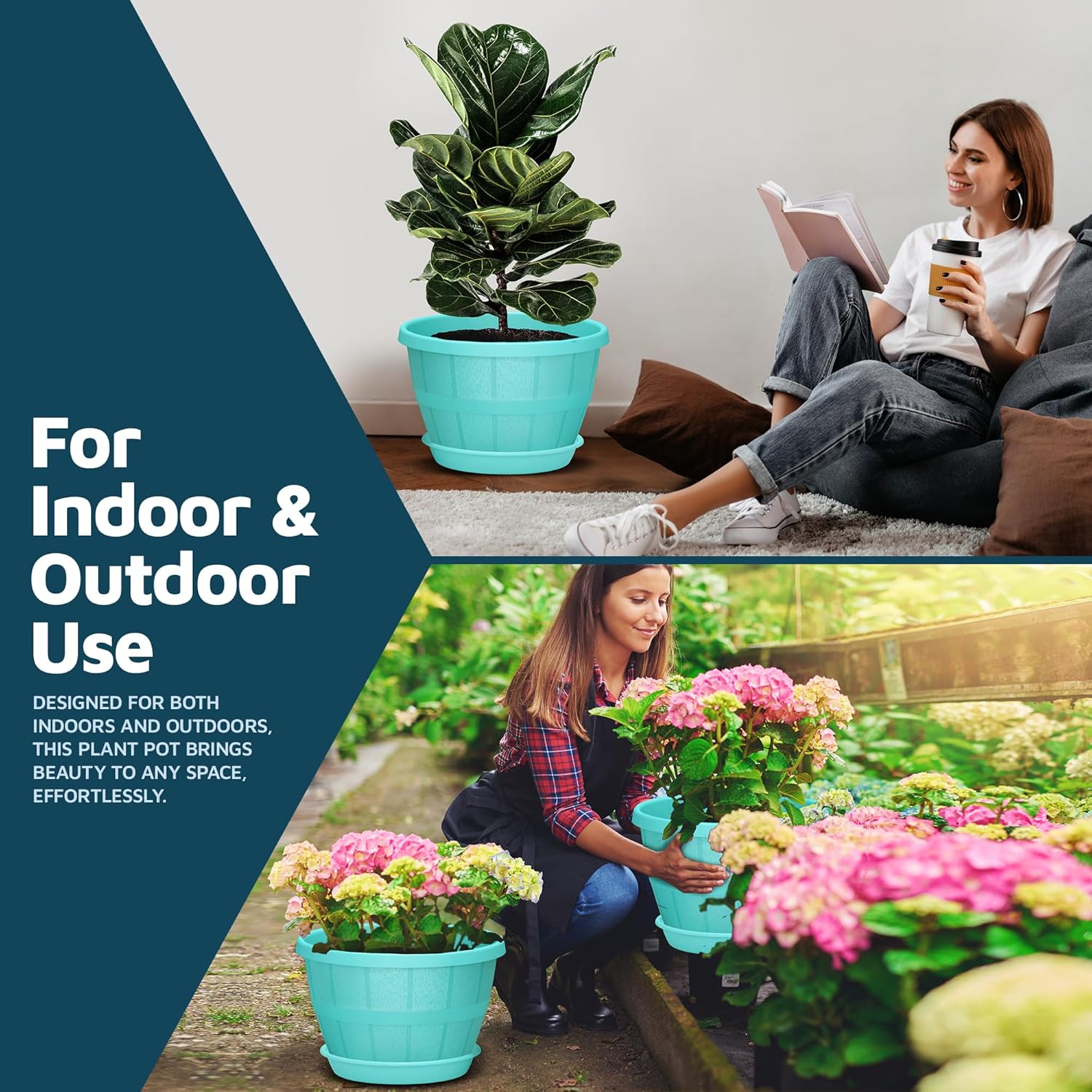 10-Inch Whiskey Barrel Planters Outdoor Pack of 5 - Durable Plastic Plant Pots for Indoor & Outdoor Use with Drainage & Saucer, Lightweight Rustic Barrel Planters for Flowers, Herbs & Small Plants