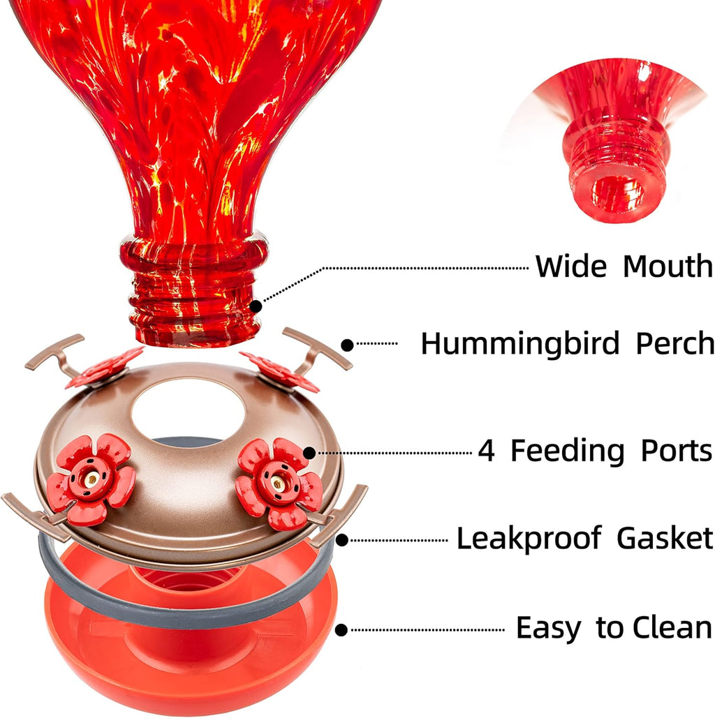 Hummingbird Feeders 32OZ Glass Hummingbird Feeder, 4 Perch Ant Moat Leakproof, Garden Decor (Red Lily)