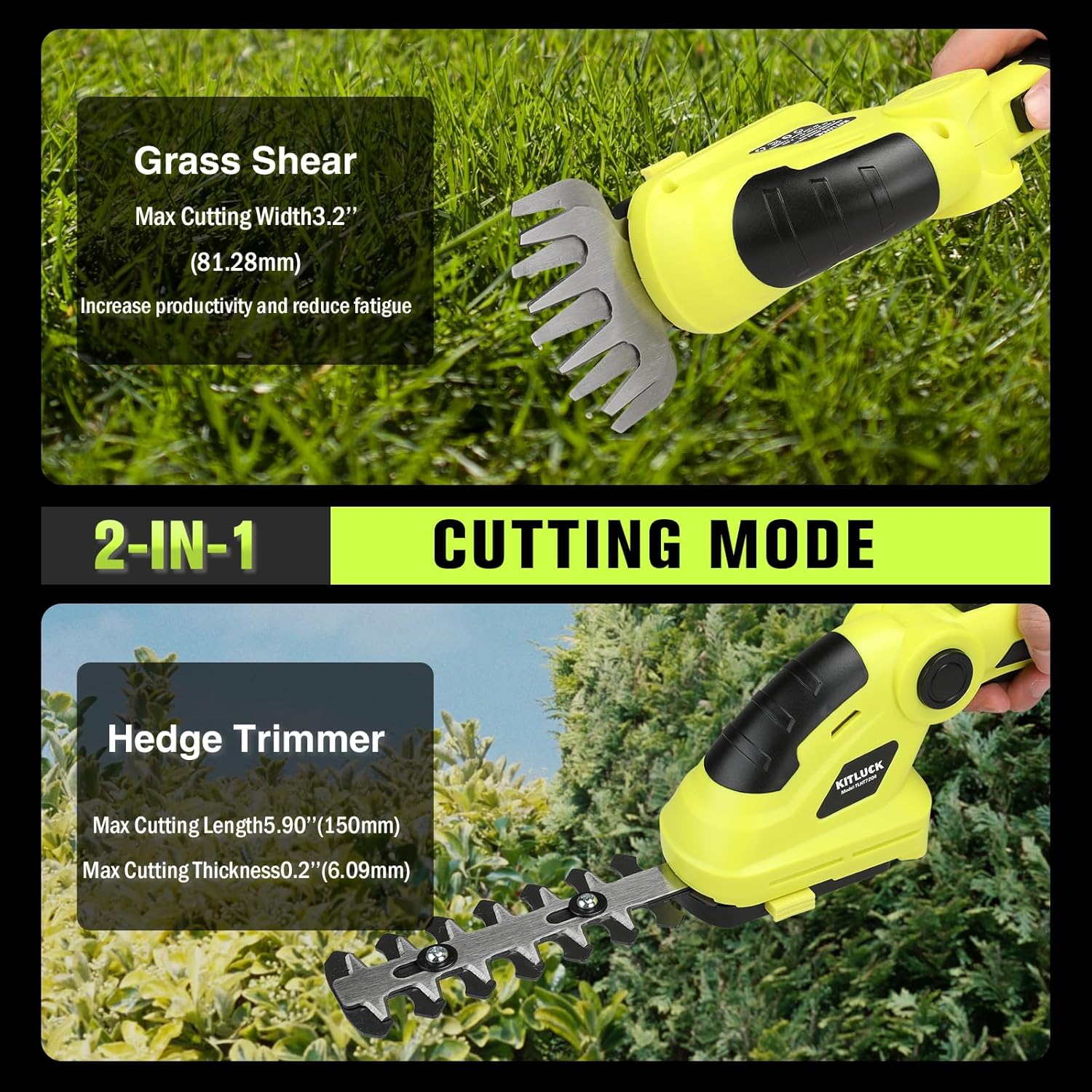 KITLUCK 8V Cordless 2-in-1 Grass Shear & Hedge Trimmer,Handheld Electric Grass Trimmer Hedge Shears/Grass Cutter Rechargeable,2000mAh Battery for Yard, Garden, Lawn Care