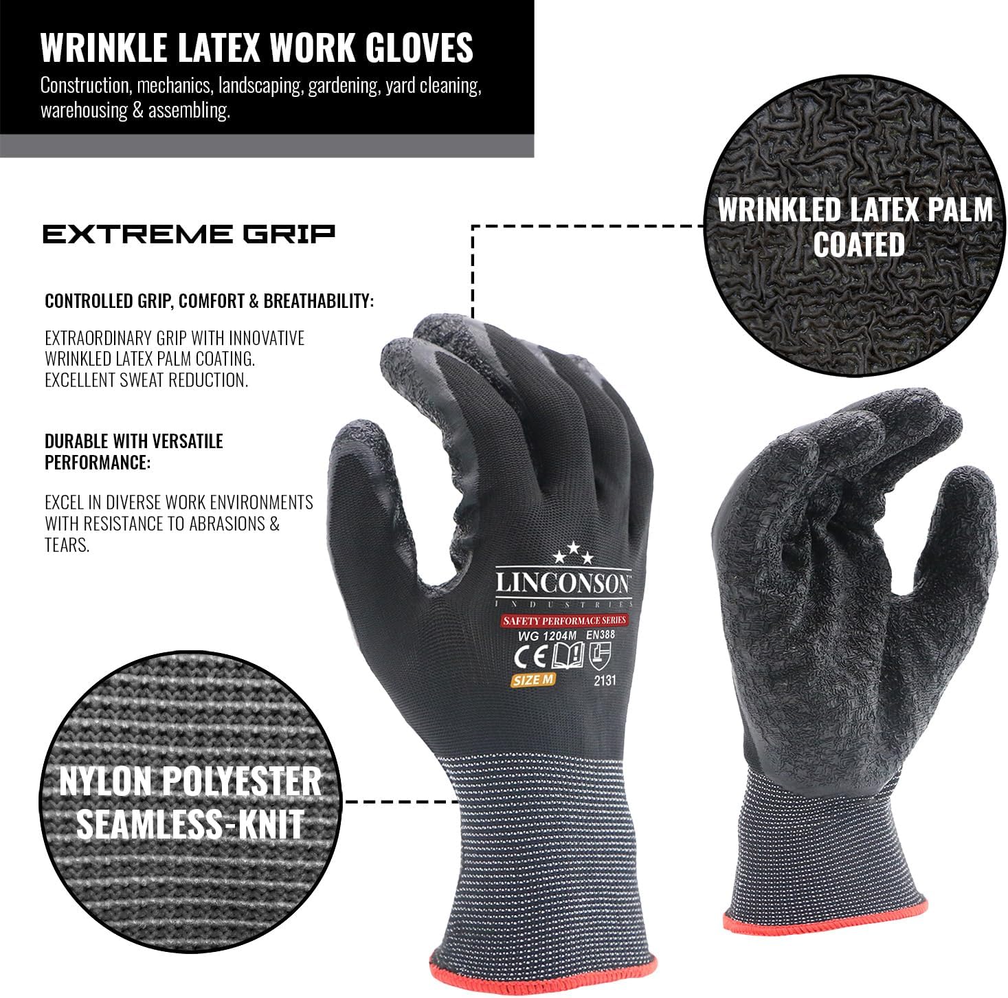 linconson 12 Pack Safety Performance Series Construction Mechanics Wrinkle Latex Work Gloves