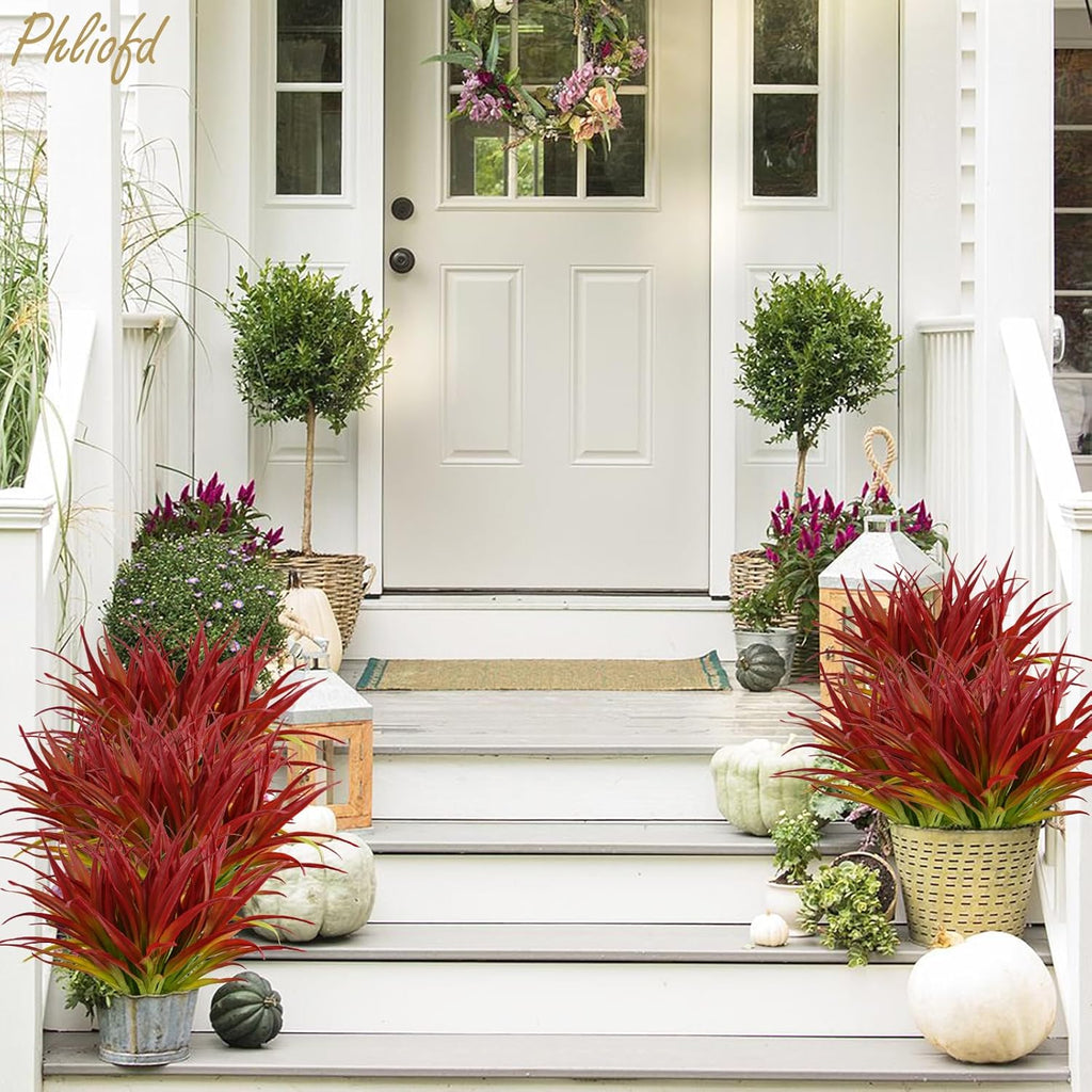 6Pcs Artificial Grass Fake Plants 17.3in Outdoor Plants UV Resistant Greenery Stems Fake Grass for Home Window Garden Office Patio Pathway Front Porch Christmas Décor Light Green & Red