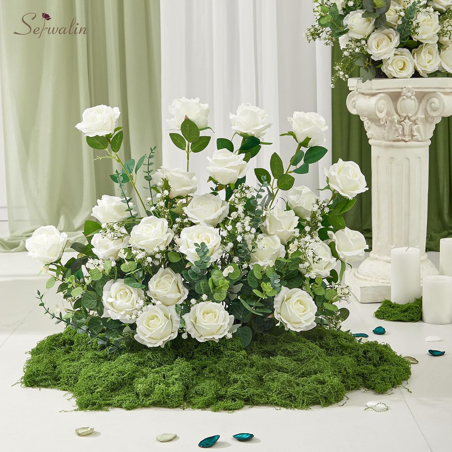 Serwalin 60 PCS White Artificial Roses in Bulk, 3.15'' Flower Head Fake Silk Roses Realistic Roses for Bridal Bouquet Wedding Centerpieces Flower Arrangement Party Home Decor