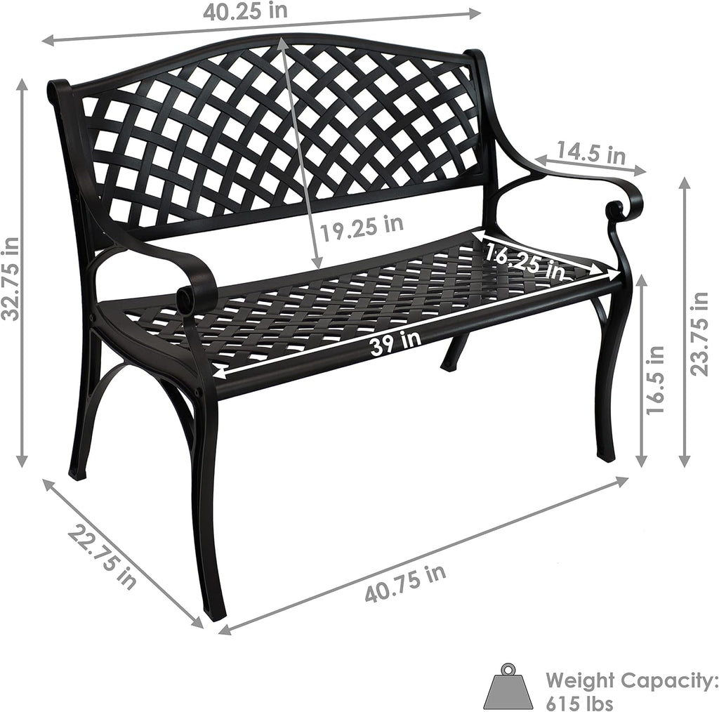 Sunnydaze 39-Inch Outdoor Bench for Patio or Park - Metal Garden Bench for Outdoors - Front Porch or Backyard Seat for Two - Black
