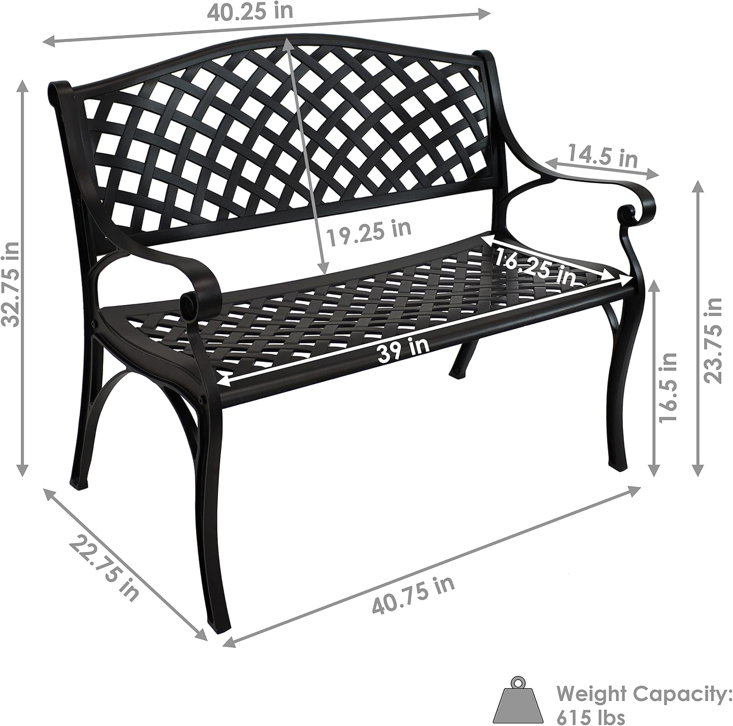 Sunnydaze 39-Inch Outdoor Bench for Patio or Park - Metal Garden Bench for Outdoors - Front Porch or Backyard Seat for Two - Black