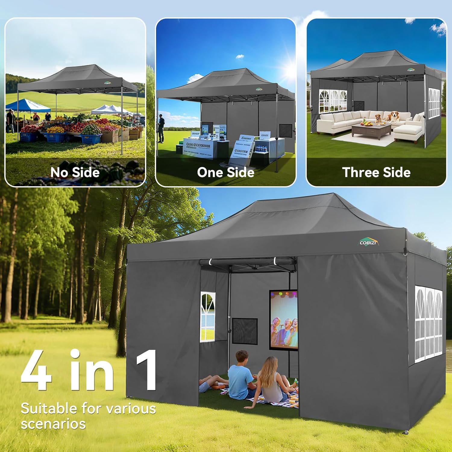 COBIZI 10x15 Pop up Canopy Heavy Duty with 4 Sidewalls, Easy Set-up Commercial Outdoor Party Canopy, 100% Waterproof Wedding Gazebo, 3 Height Adjustable with Handbag, Gray