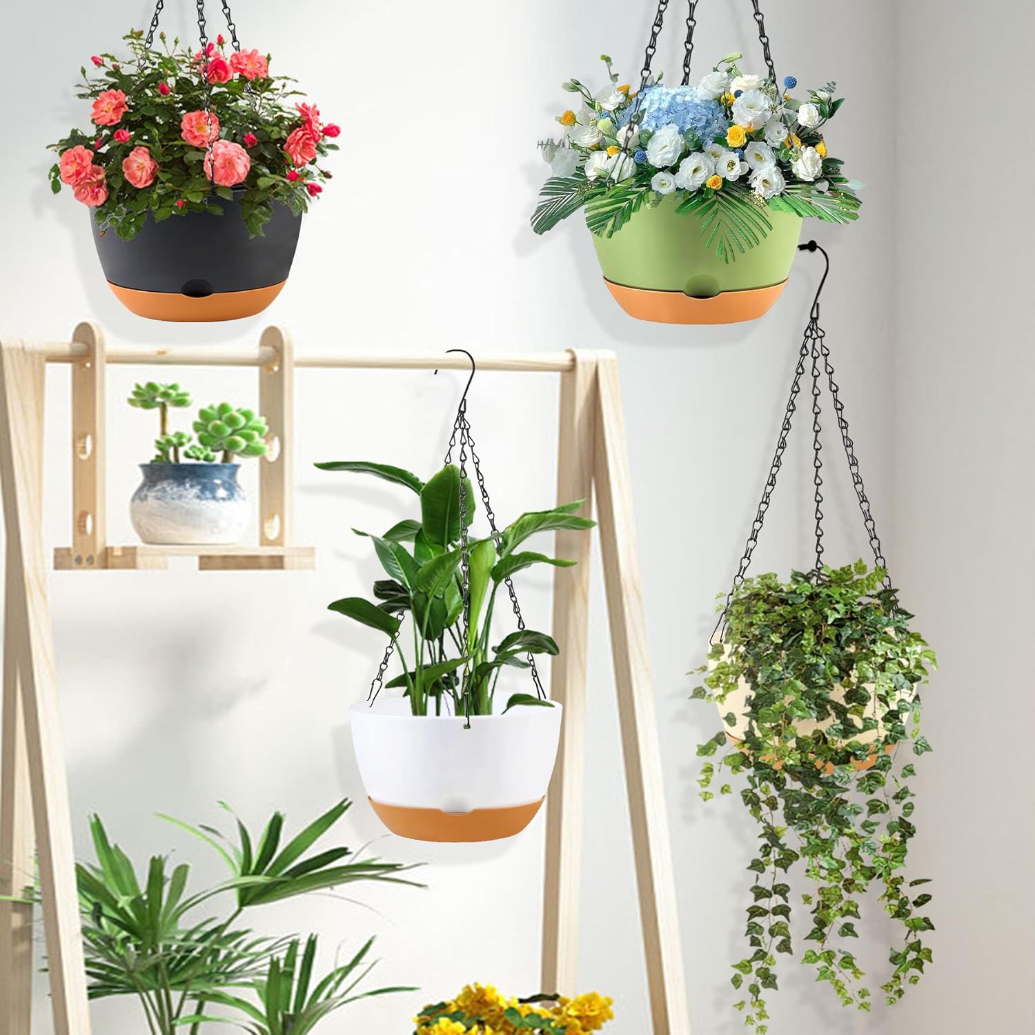 10 inch Plant Pot Hanging Planters Self Watering Pots for Indoor Plants, 3 Pack Plastic Hanging Basket with Removable Tray for Home Garden Porch Balcony Patio Decor(Black)