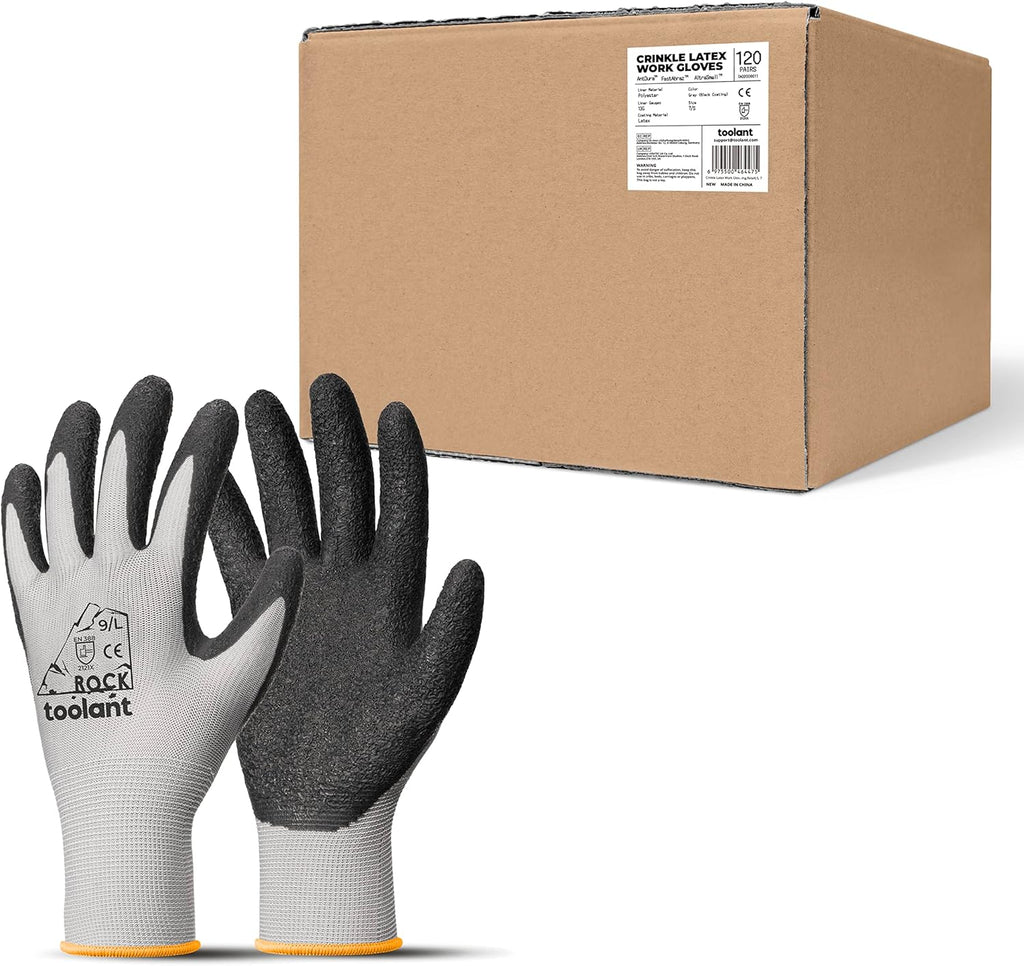 toolant Crinkle Latex Work Gloves Bulk, Rubber Coated Safety Work Gloves for Men and Women, 120 Pairs for Construction, Gardening, Warehouse (Gray, Large)