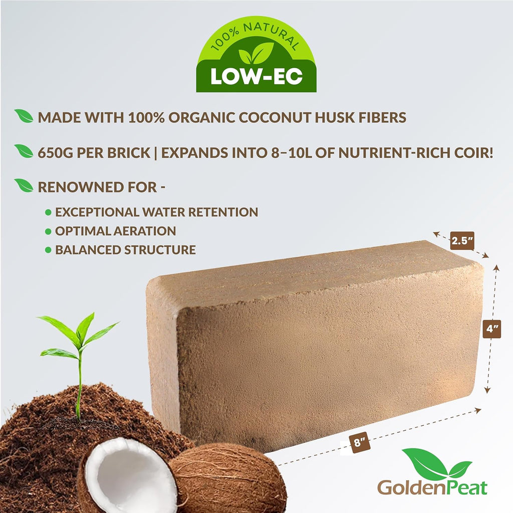 Organic Coconut Peat Bricks (650g X 24 Pack) – Low EC, Sustainable Growing Medium for Gardens, pots, and Seed Starters. Just add Water to Transform Each Brick into 8-10L of Fluffy Nutrient-Rich Coir
