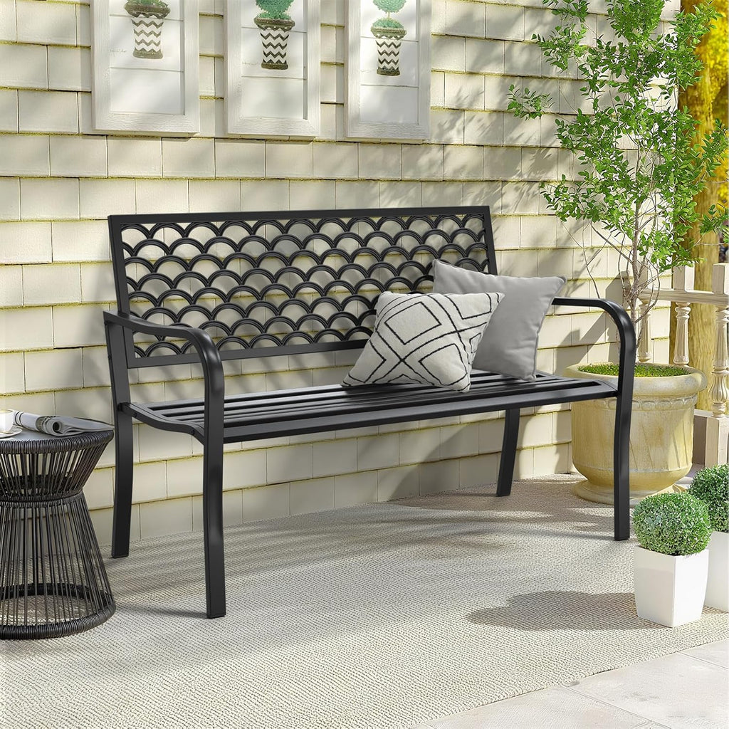 50" Heavy Duty Outdoor Bench, Wrought Iron Weatherproof Garden Bench Black Metal Patio Bench for Park Proch Yard 880lbs