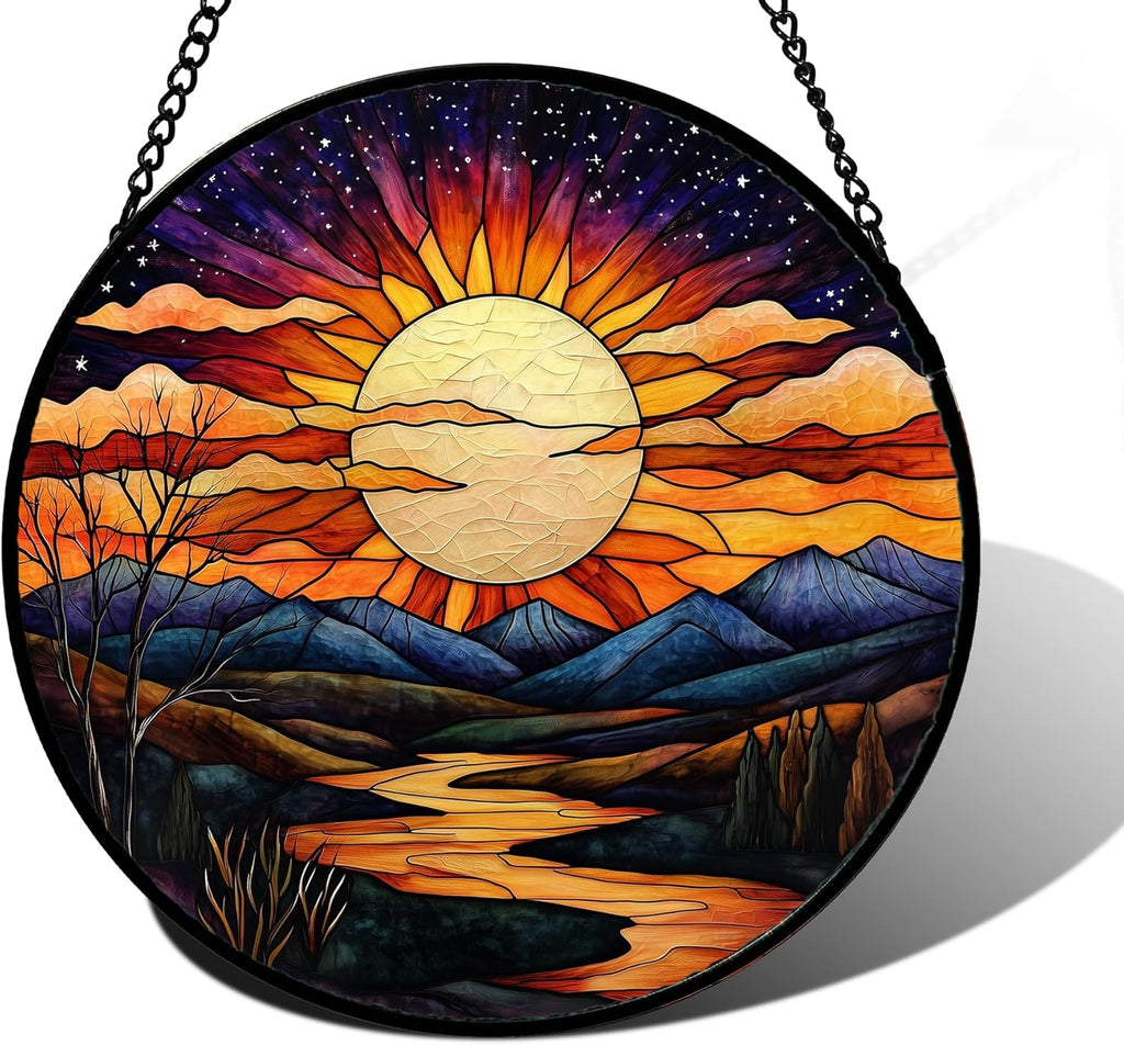 Stained Glass Window Hanging, The Sun Shines Brightly on Lake Sun Catchers Colorful Glass Panel Suncatcher Decor for Birthday for Women, Men, Wife, Lovers, and Mom 7.8 in