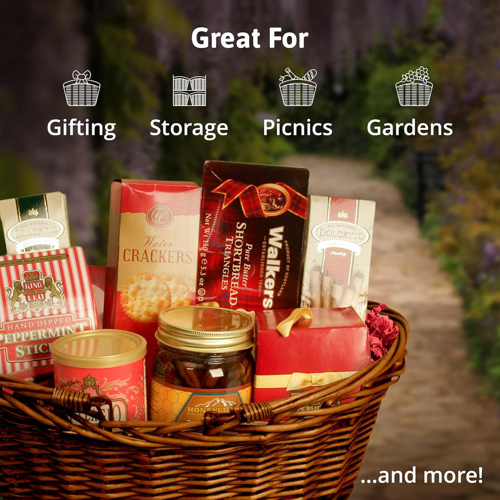 Wald Imports - Medium Wicker Basket with Handle - Dark Brown Hand Woven Harvest Basket - Wicker Flower Basket for Storage, Picnics, Easter, Organizing, and More (17 x 6.5 inches)