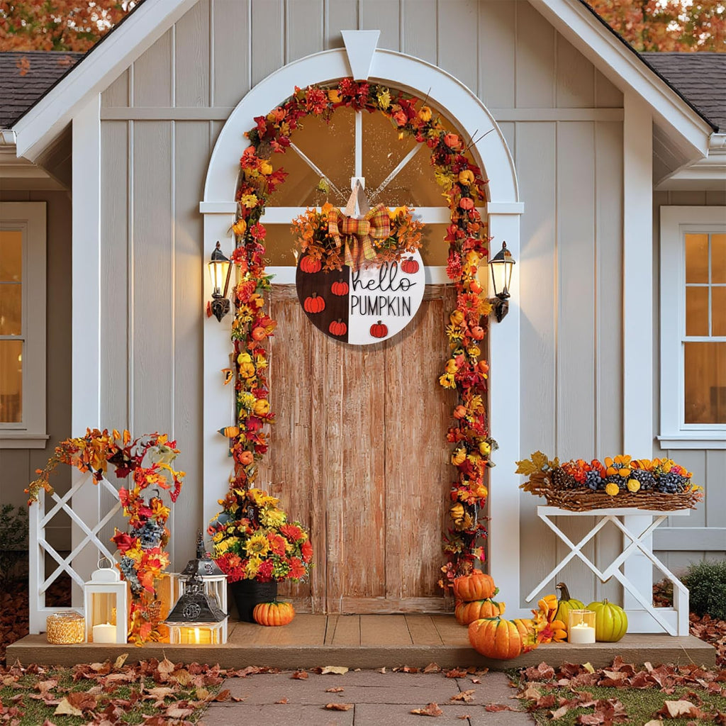 Hello Pumpkin Wooden Door Hanger Fall Outdoor Wreath with Bow & Wreath | Thanksgiving Fall Front Door Decor | Rustic Harvest Farmhouse Sign for Porch, Wall | Indoor Outdoor Autumn Home Decor