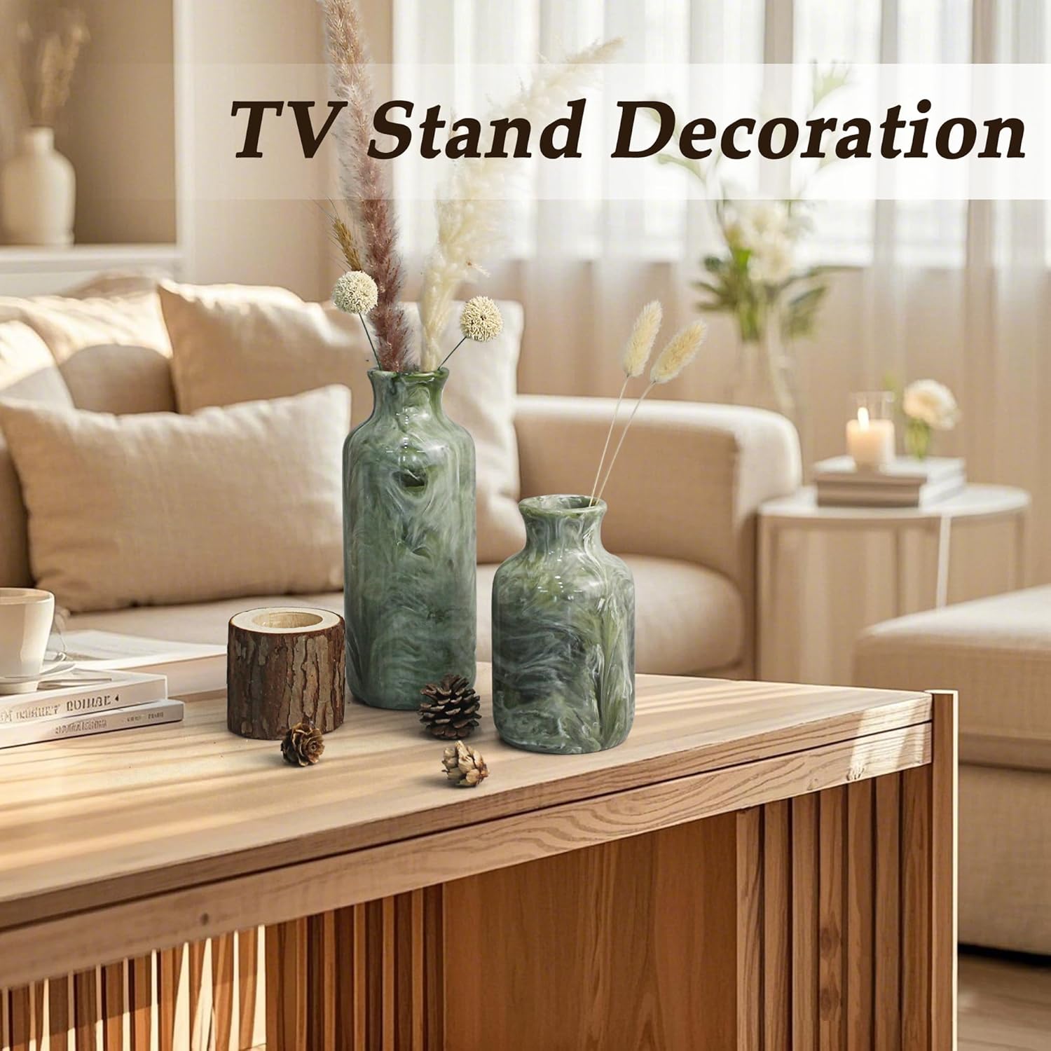 Resin 3 Piece Vase Set, Farmhouse Decor, Home Decorative Vase, Vases for Your Kitchen, Bedroom, Office, Living Room, Bathroom, & Shelf Centerpiece Table Decorations, Green