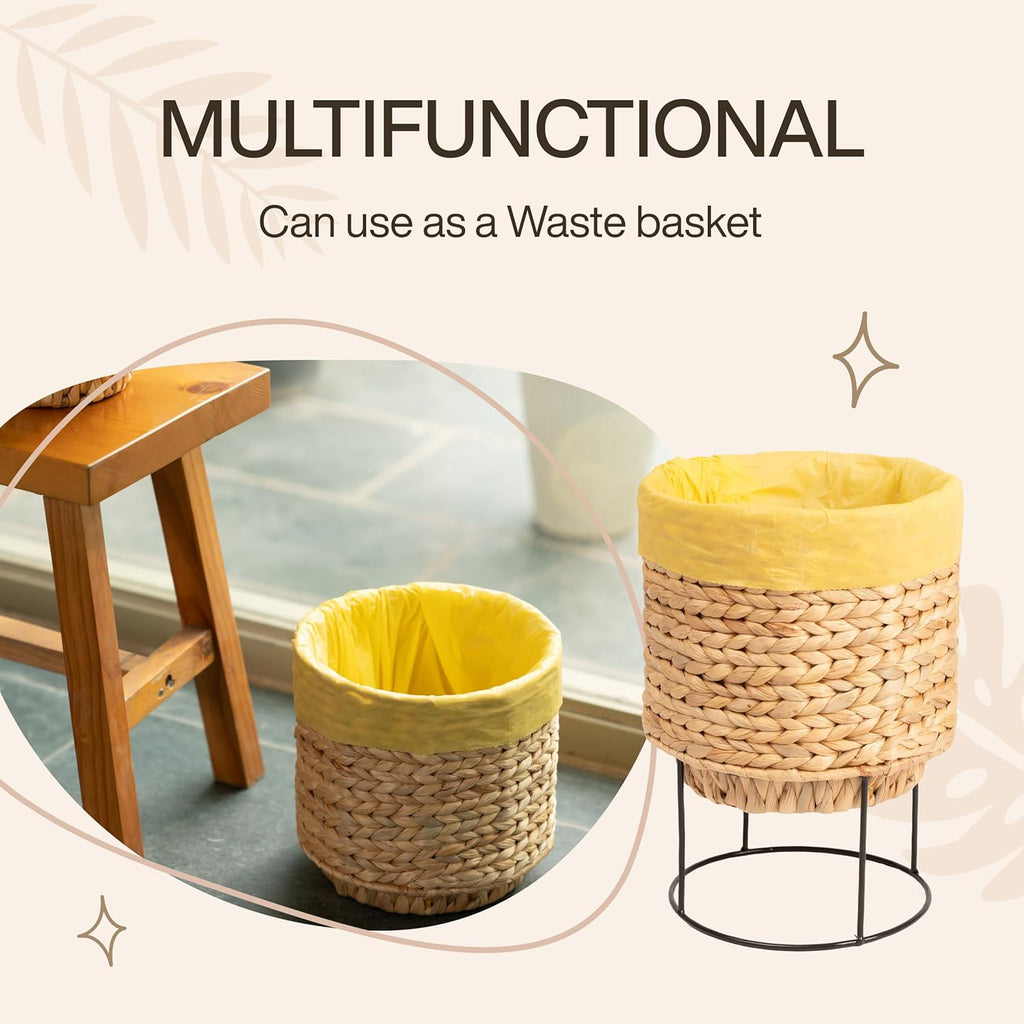 Set of 2 Water Hyacinth Planter Pot with Metal Stand - Indoor Plant, Flower, Succulent, Basket Planter, Decorative Pot Cover (Classic)