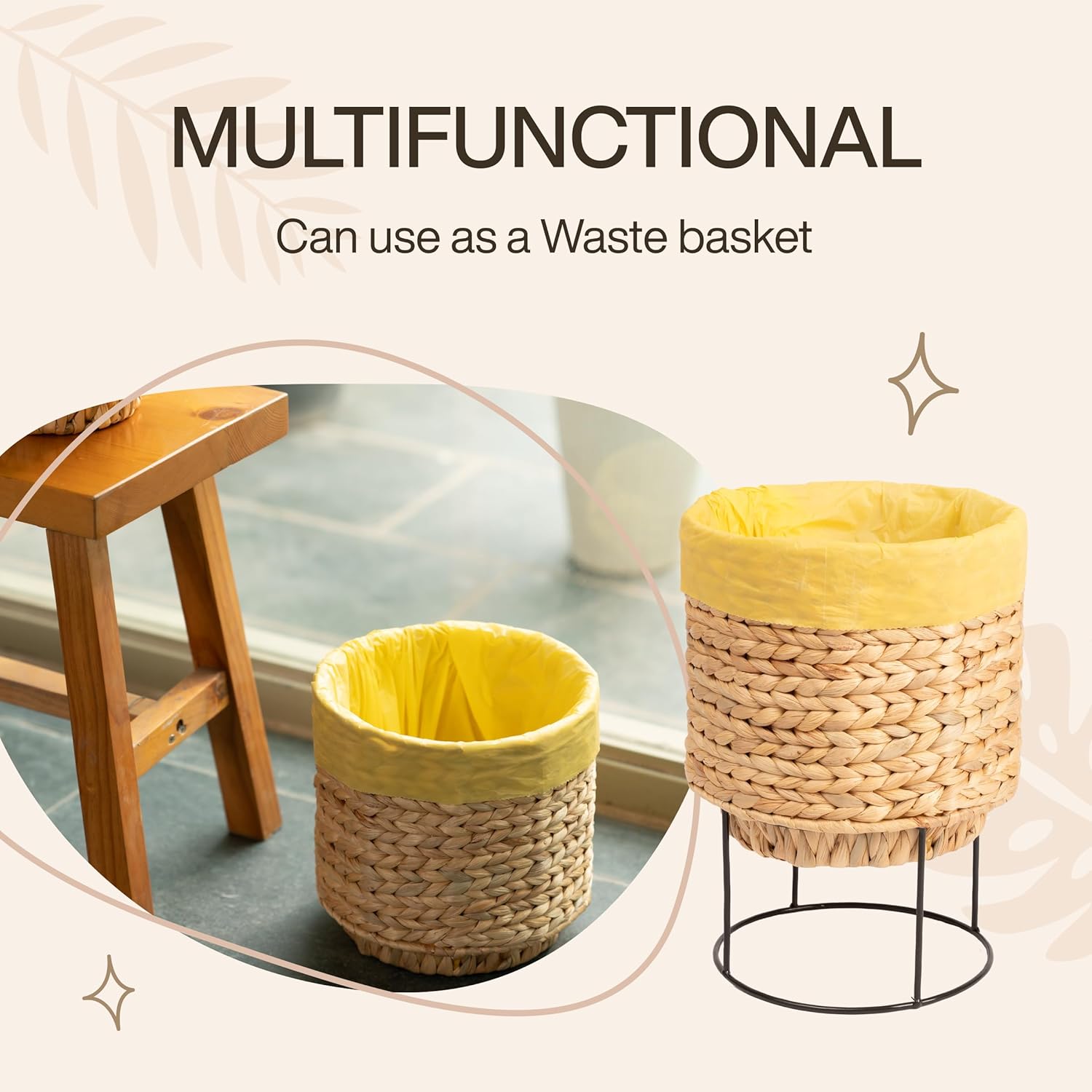 Set of 2 Water Hyacinth Planter Pot with Metal Stand - Indoor Plant, Flower, Succulent, Basket Planter, Decorative Pot Cover (Classic)