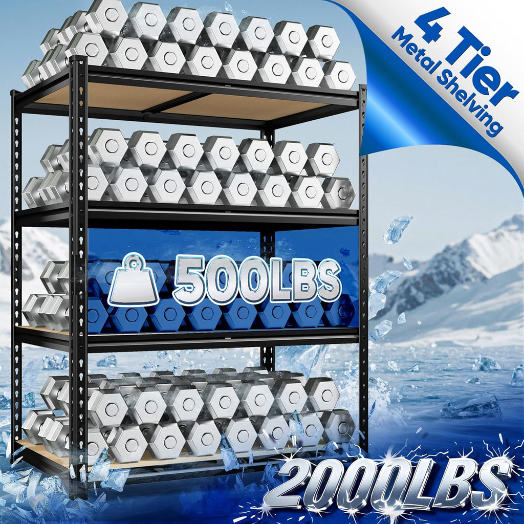 40" W Garage Shelving, 4 Tier Storage Shelves Load 2000 lbs, Adjustable Garage Shelves, Metal Shelving Unit for Warehouse, Basement, Pantry, 40" Wx 16" D x 60" H, Black