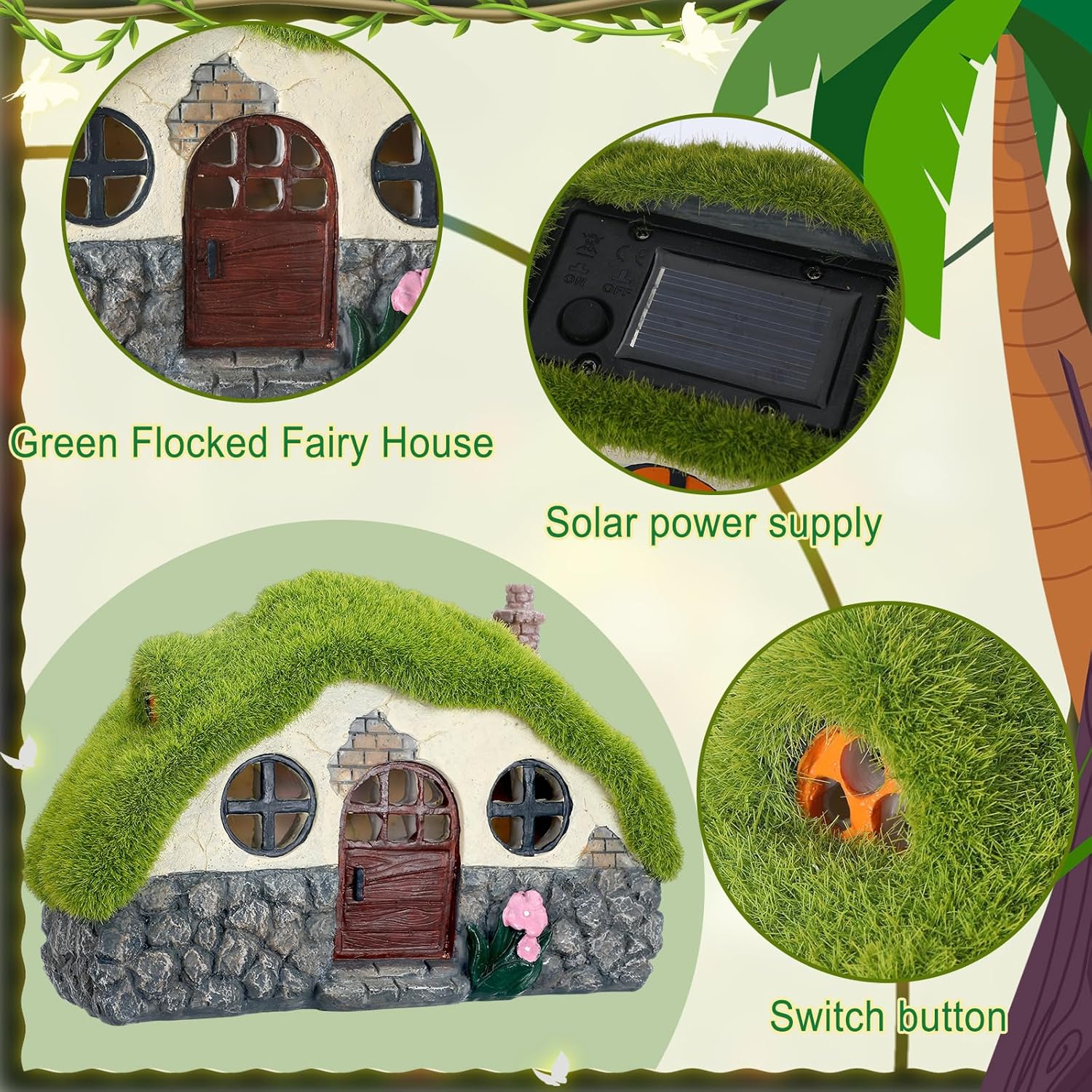 Suzile 50 Pcs Solar Fairy House Garden Accessories Light up Flocked Fairy House Garden Kit Green Resin Miniature Mushroom Figures Micro Landscape Ornament(Stone House)