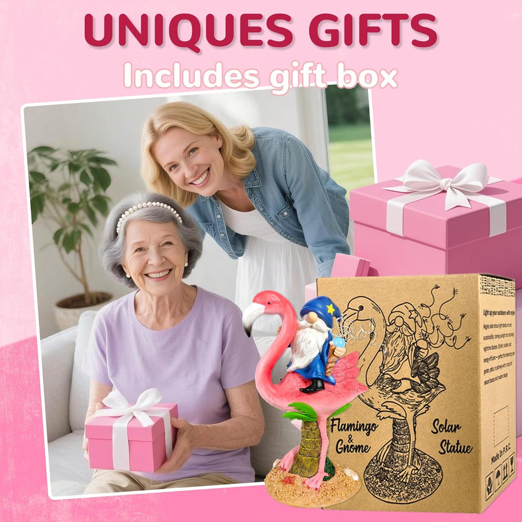 Funny Flamingo Gnome Solar Garden Statue with LED Light - Outdoor Yard Lawn Patio Decor - Great Birthday Housewarming Gift for Women, Mom, Grandma